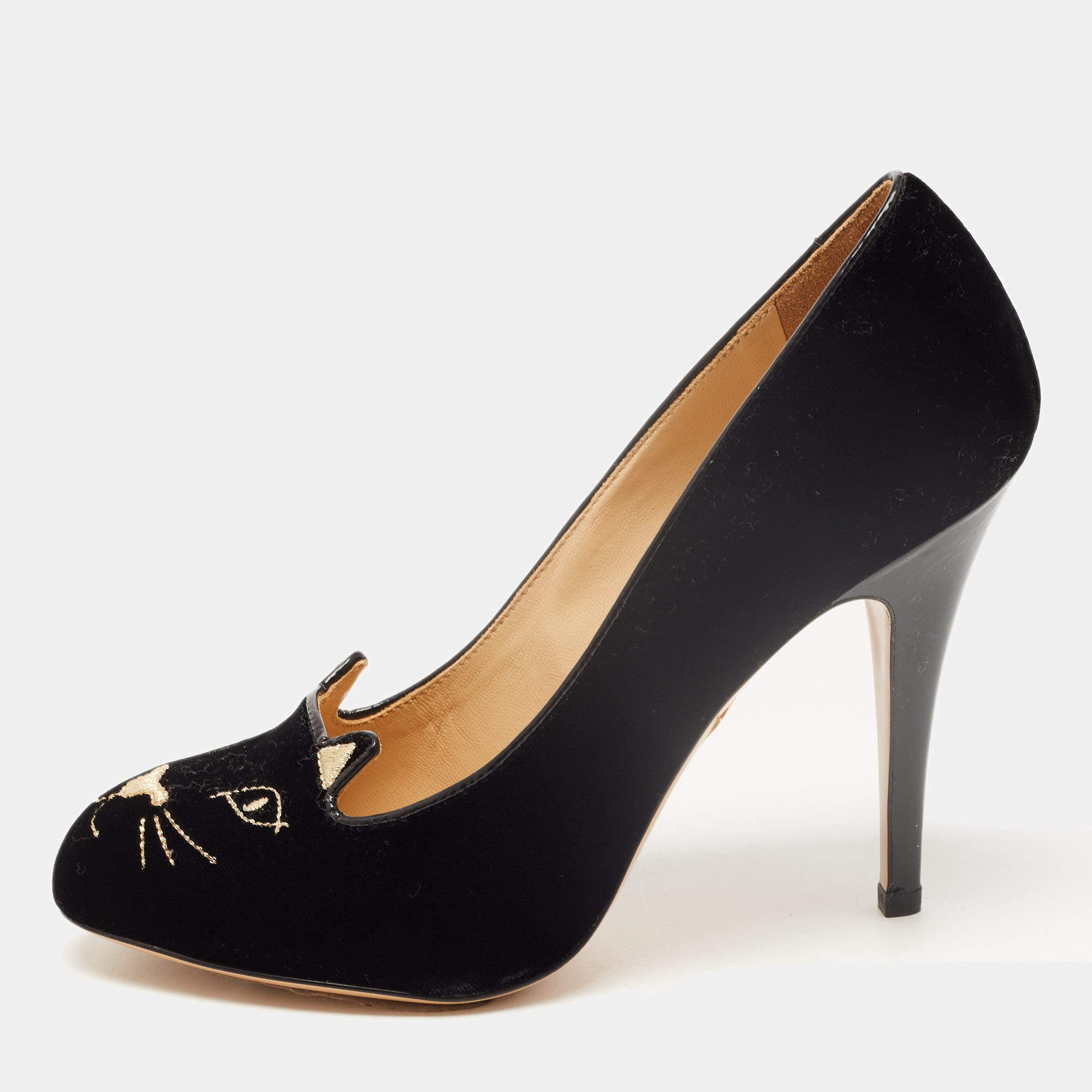 Charlotte Olympia Black Velvet Embroidered Kitty Pumps Size 39