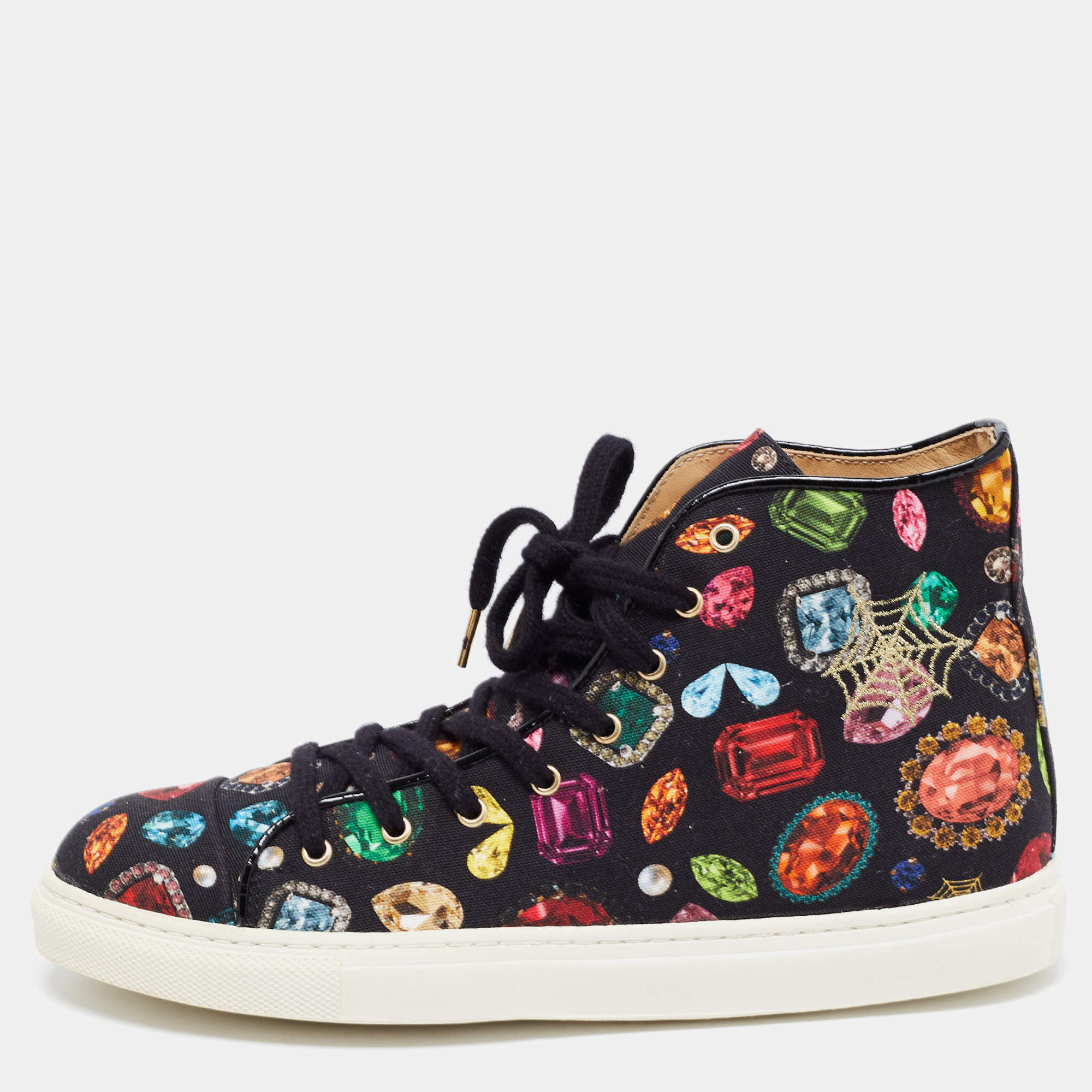 Pre Owned Charlotte Olympia Multicolor Jewel Print Canvas High Top Sneakers Size 36.5