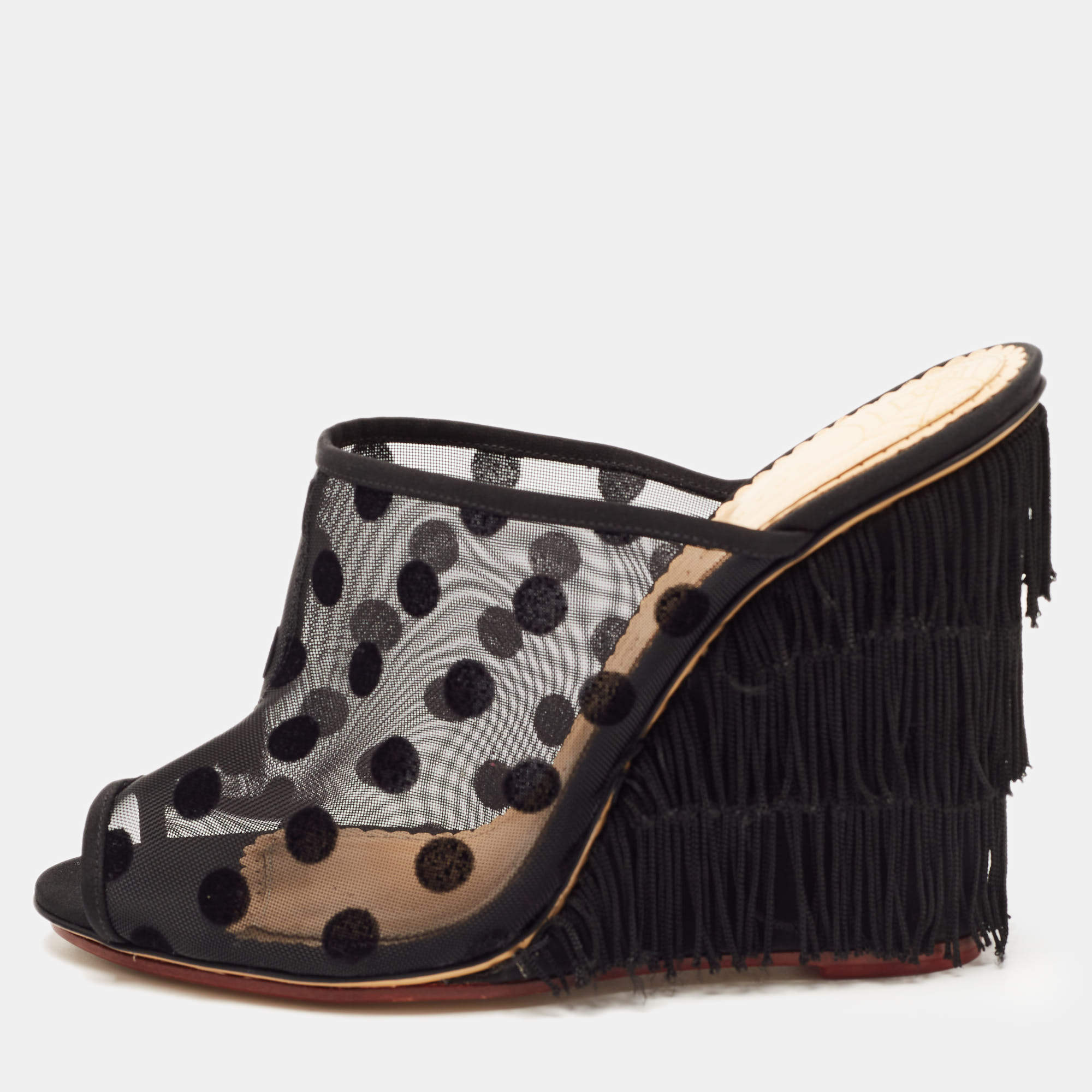 Charlotte Olympia Black Polka Dot Mesh Fringe Wedge Mules Size 39.5