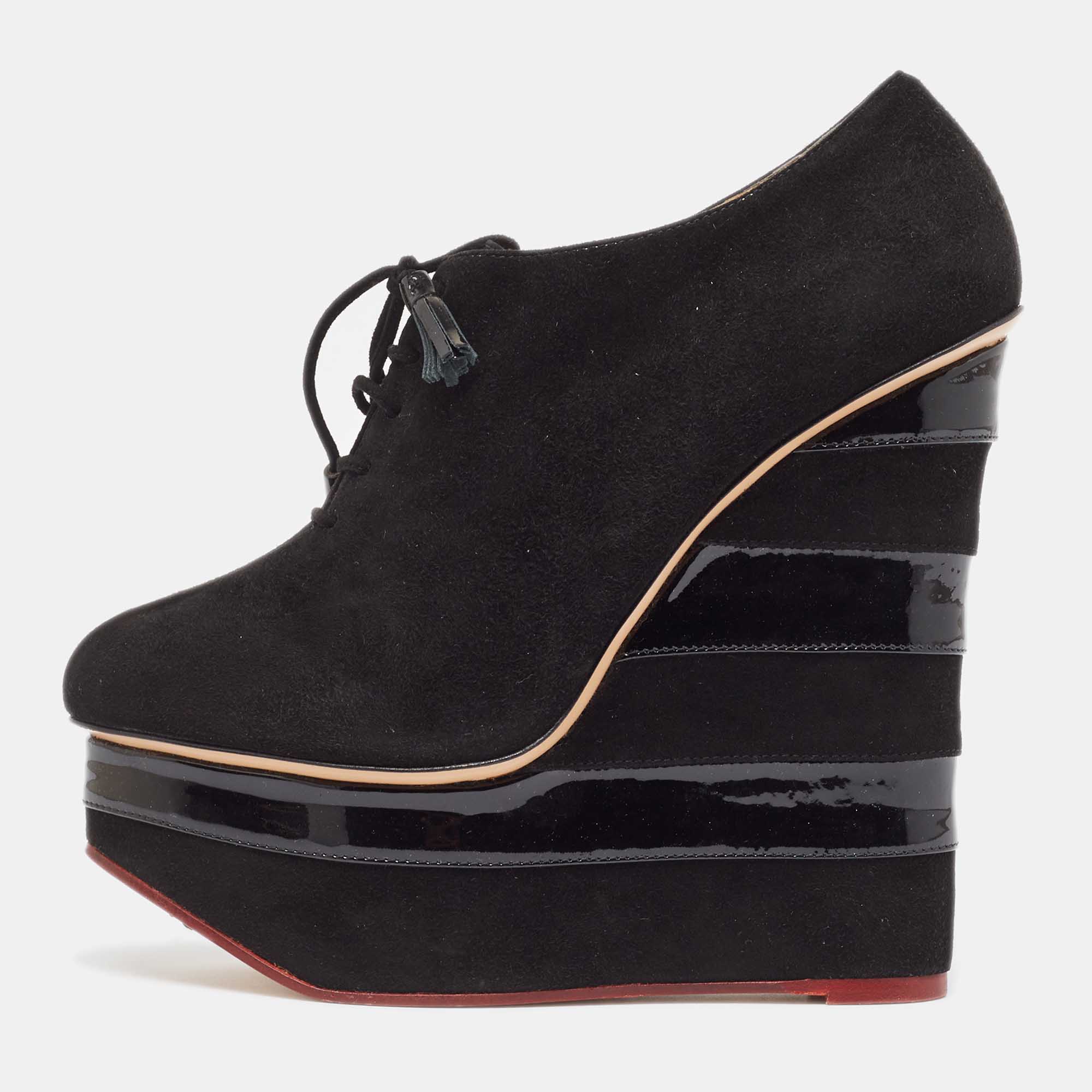 Charlotte Olympia Black Suede and Patent Leather Martha Wedge Booties Size 39.5