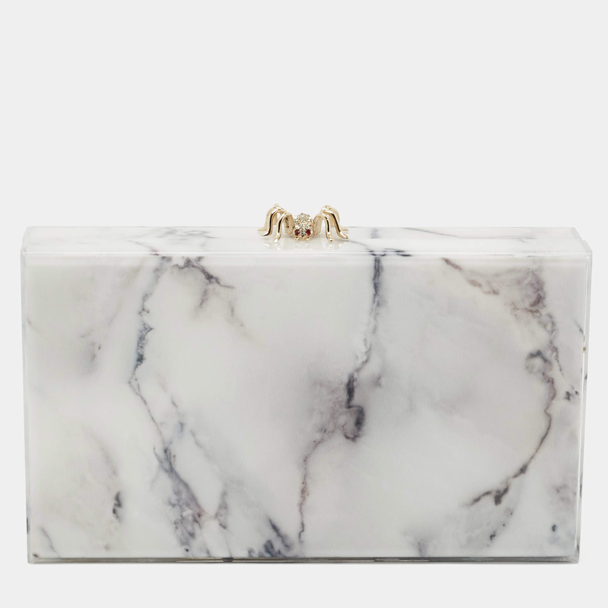 Pre Owned Charlotte Olympia White Marble Effect Perspex Spider Pandora Box Clutch