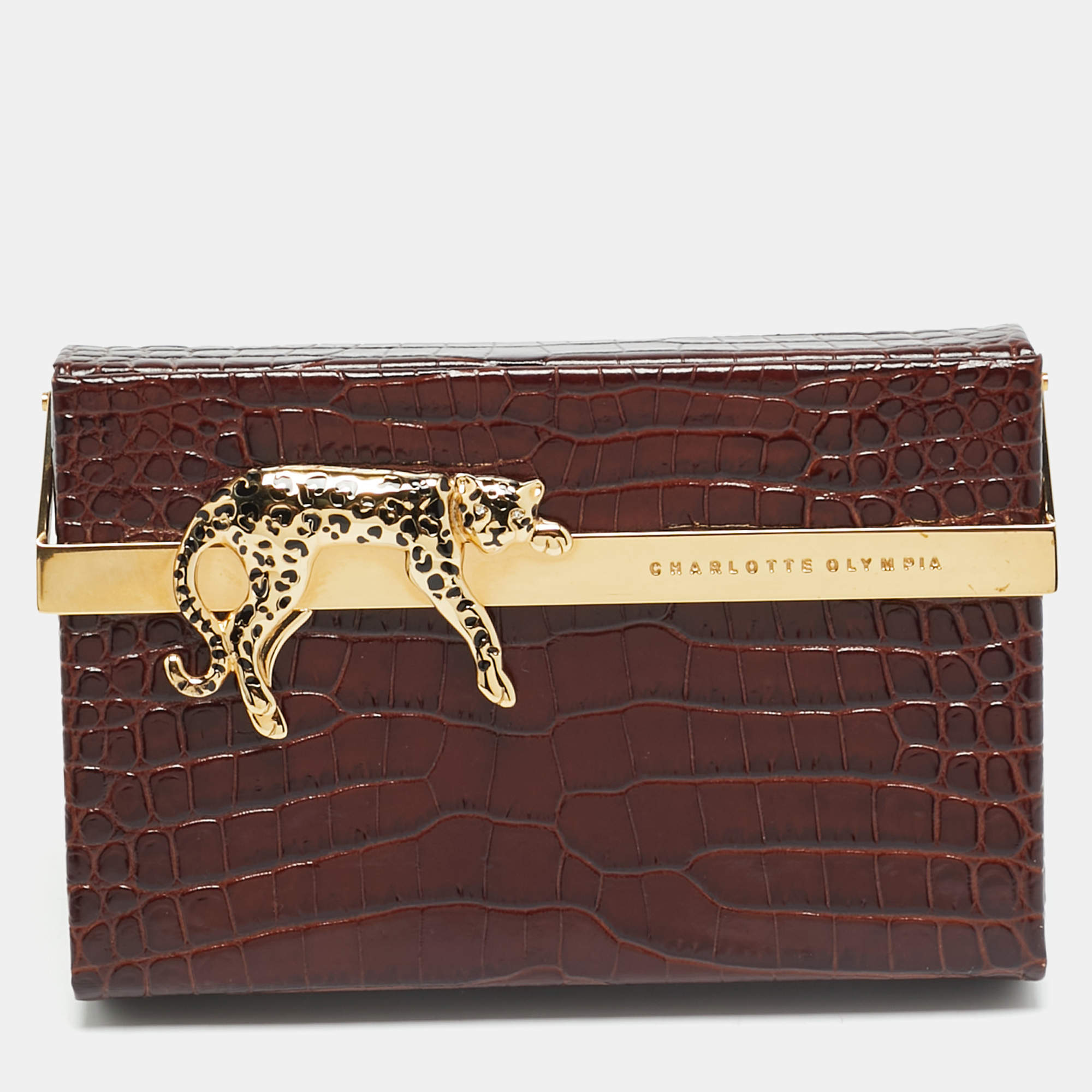 Pre Owned Charlotte Olympia Leopard Detail Brown Croc Embossed Leather Clutch