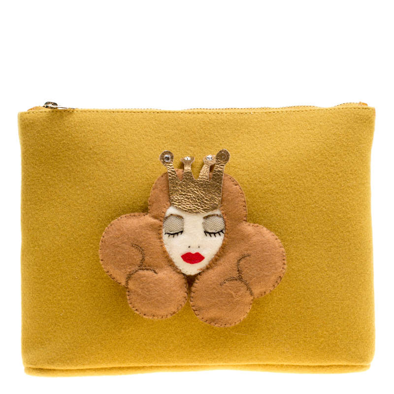 Pre Owned Charlotte Olympia Yellow Wool Sleeping Beauty Felt Pouch