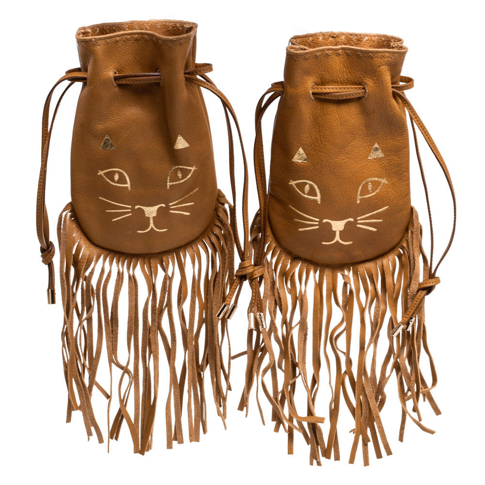 Charlotte Olympia Brown Leather Fringe Kitty Set of 2 Pochette