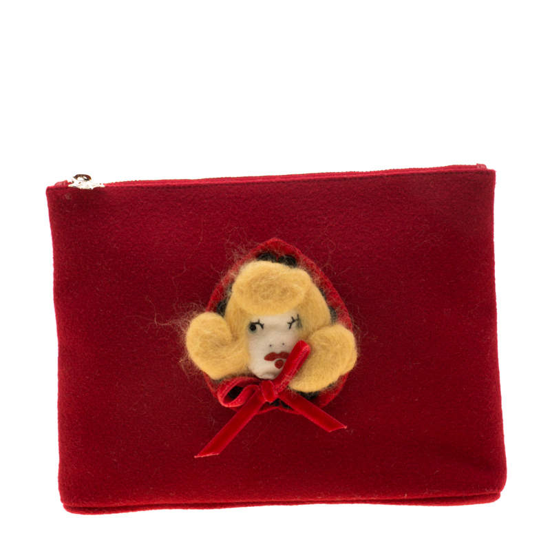 Pre Owned Charlotte Olympia Red Wool Red Riding Hood Felt Pouch