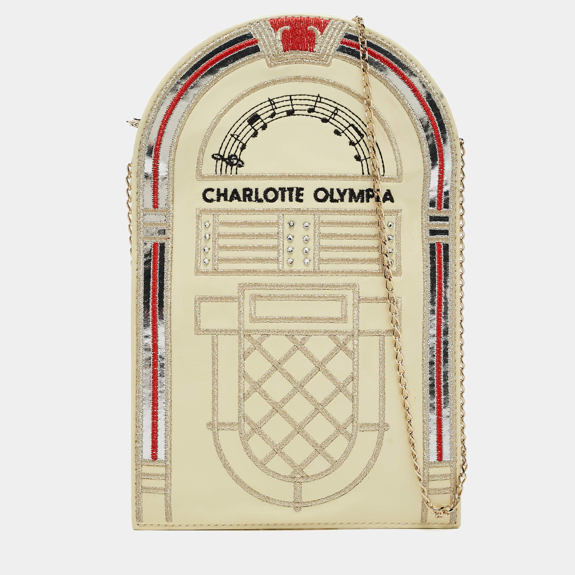 Pre Owned Charlotte Olympia Cream Patent Leather Embroidered Chain Clutch