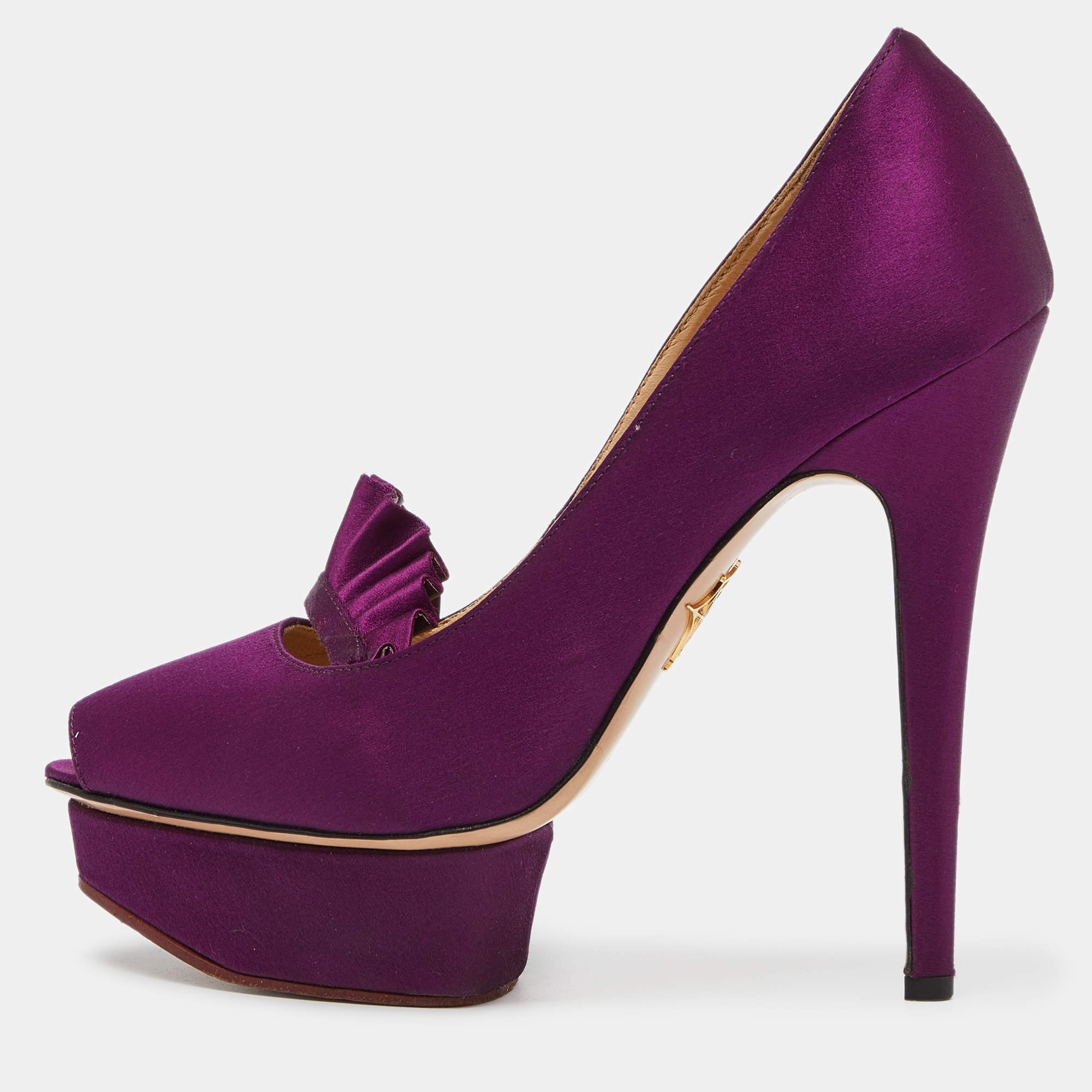 Charlotte Olympia Purple Satin Peep Toe Platform Pumps Size 37.5