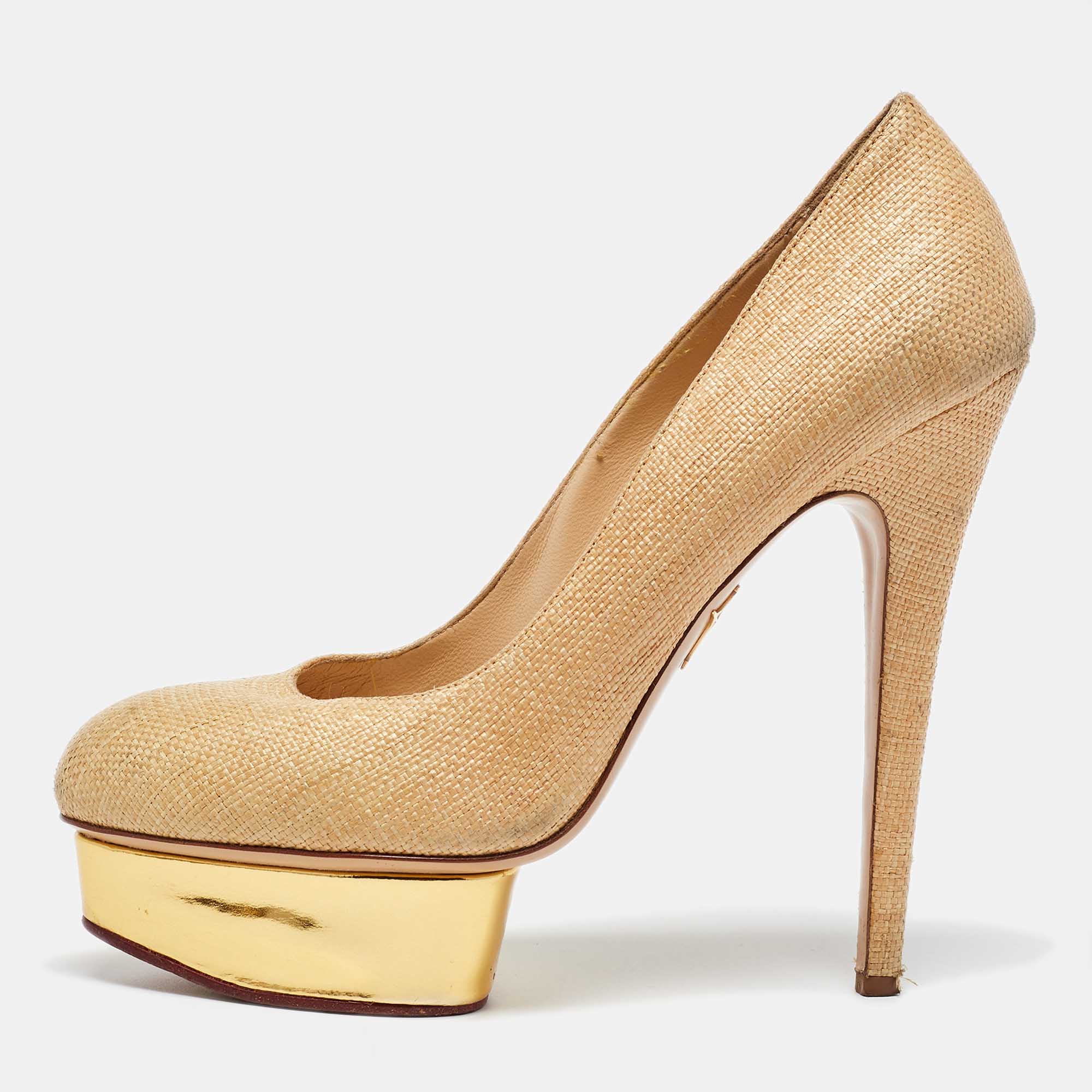 Charlotte Olympia Beige/Gold Raffia and Leather Dolly Platform Pumps Size 41