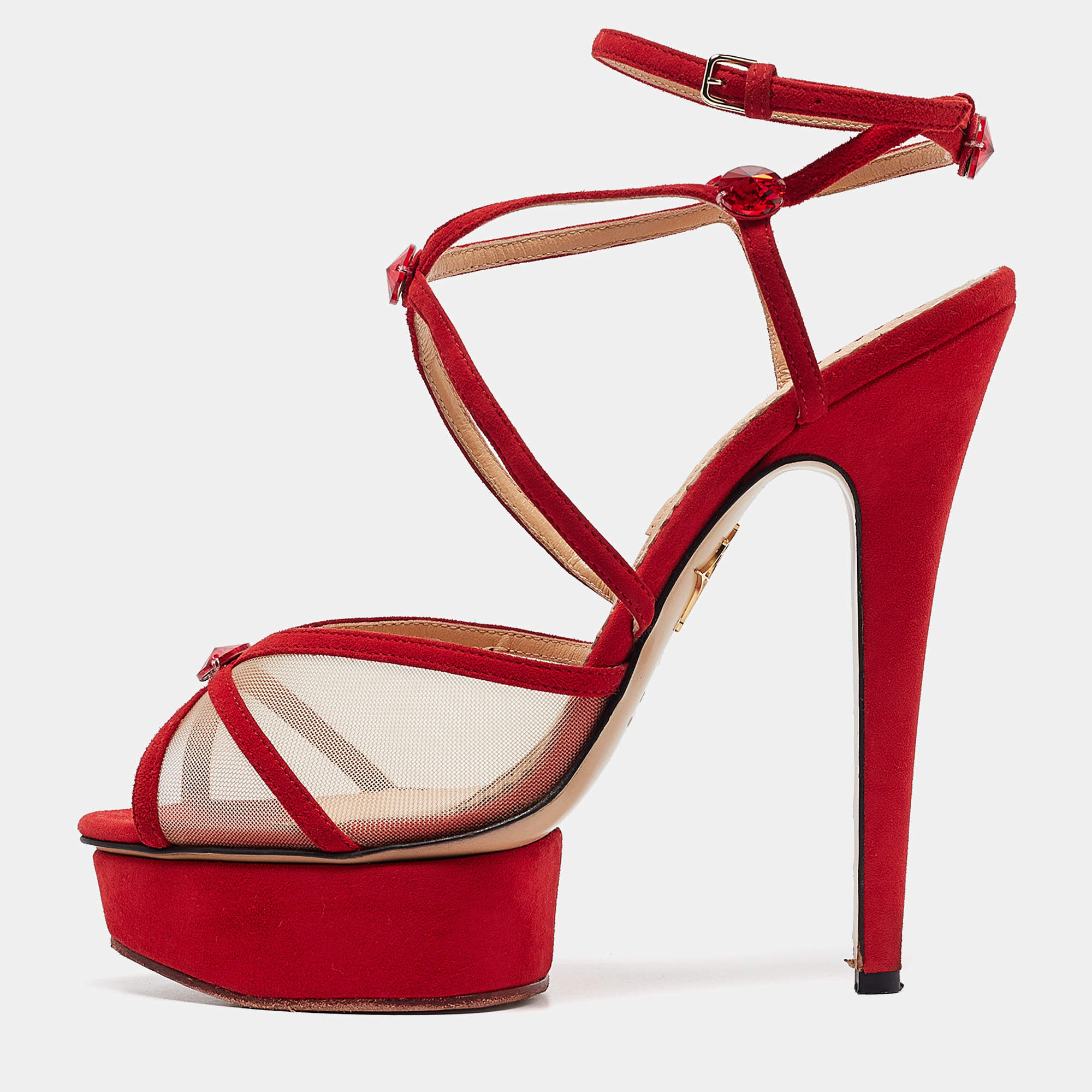 Charlotte Olympia Red Suede and Mesh Crystal Isadora Sandals Size 40