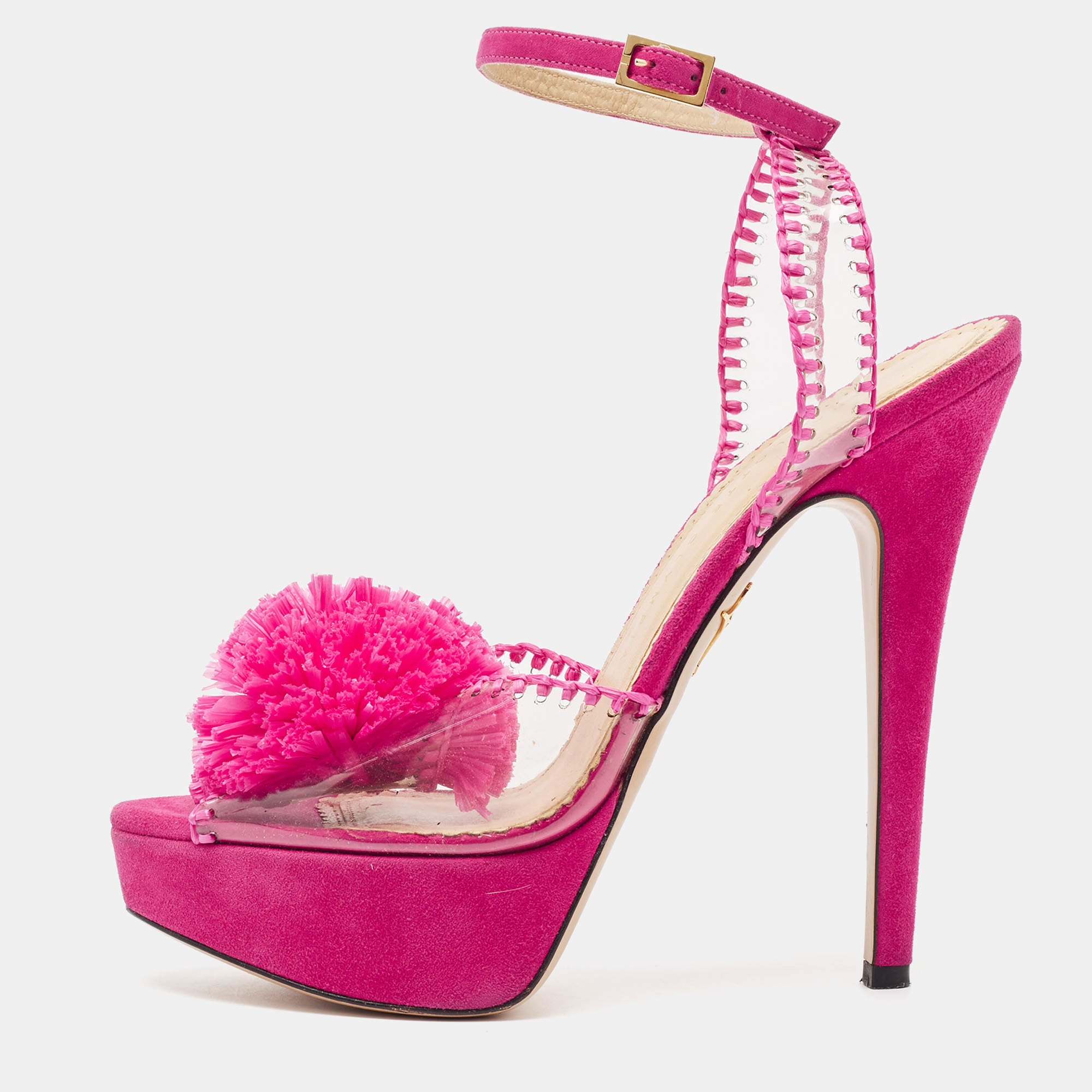 Charlotte Olympia Pink PVC and Suede Pomeline Ankle Strap Sandals Size 37.5