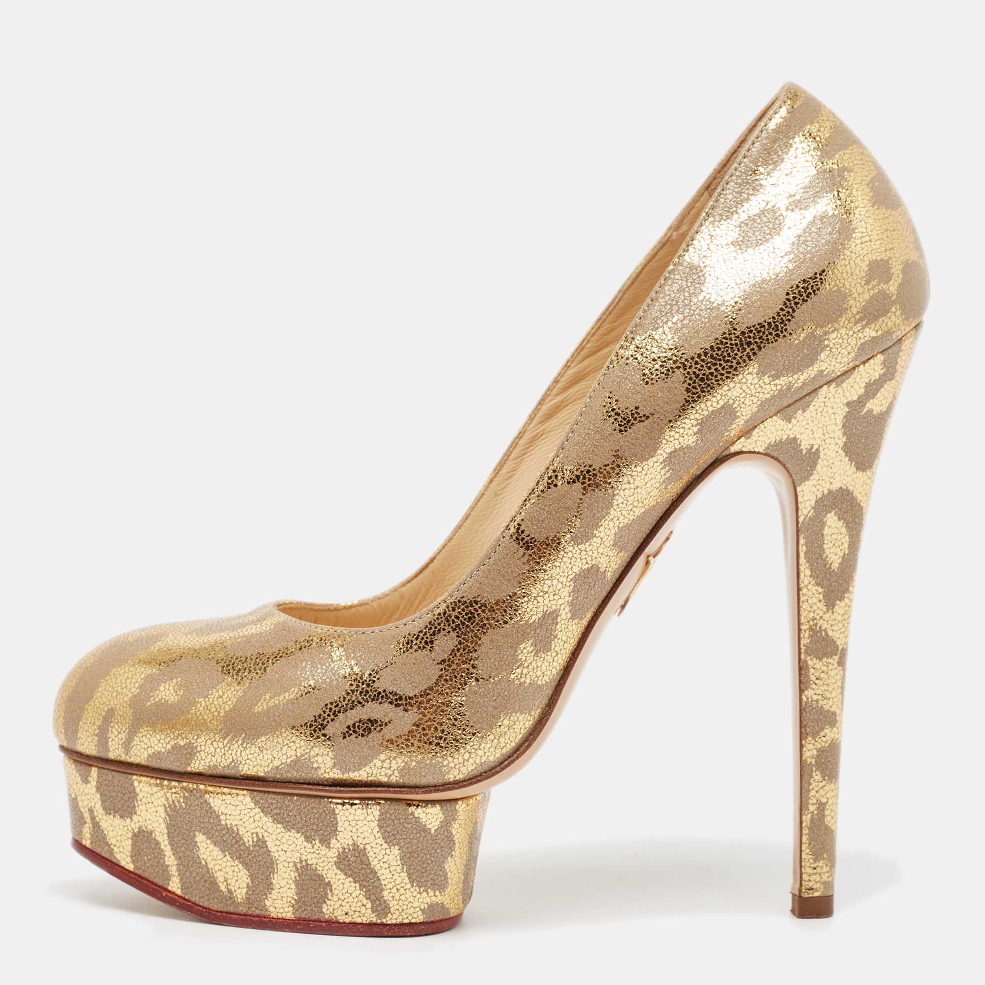 Pre Owned Charlotte Olympia Gold/Grey Leather Dolly Platform Pumps Size 37.5
