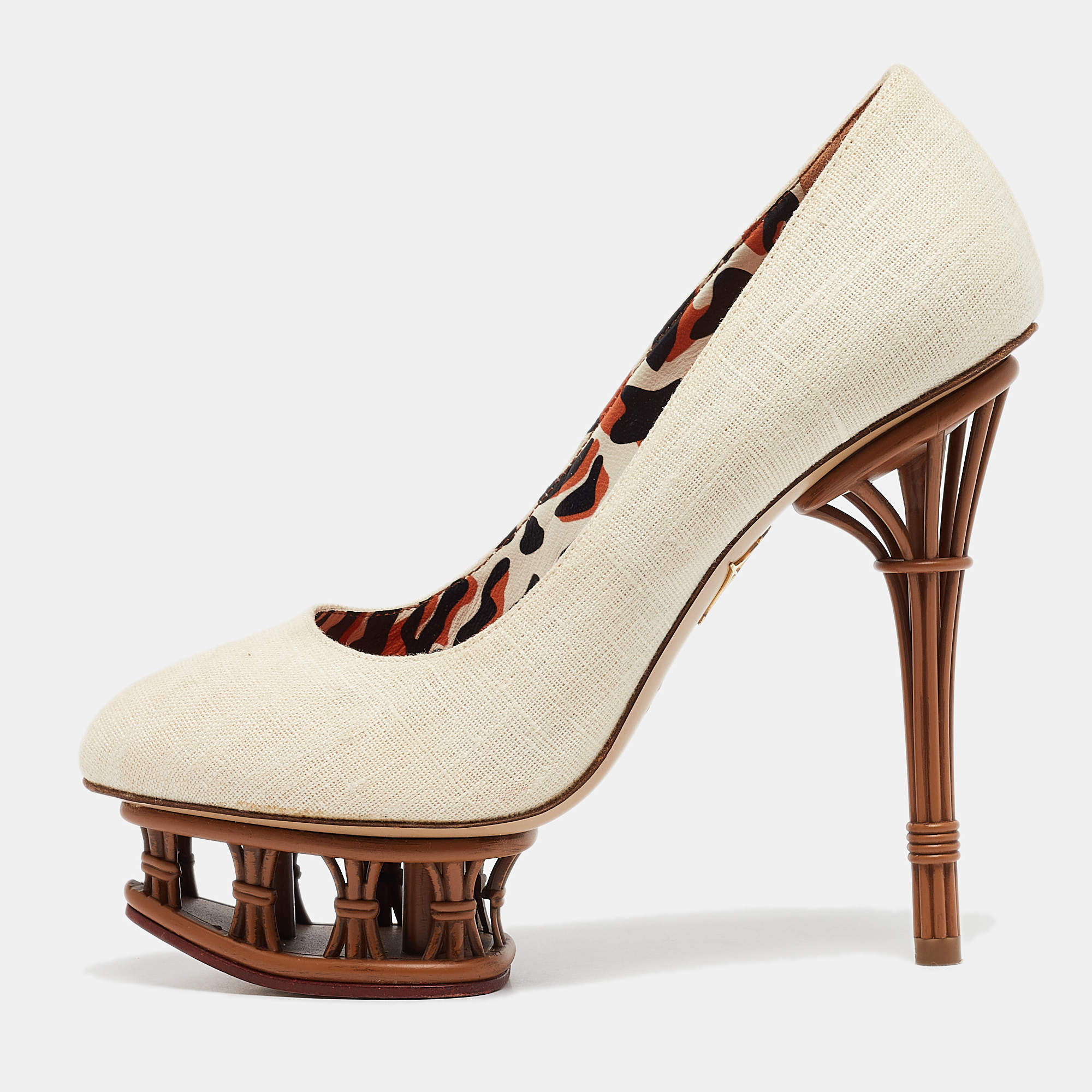 Charlotte Olympia Cream Canvas Rattan Dolly Platform Pumps Size 38