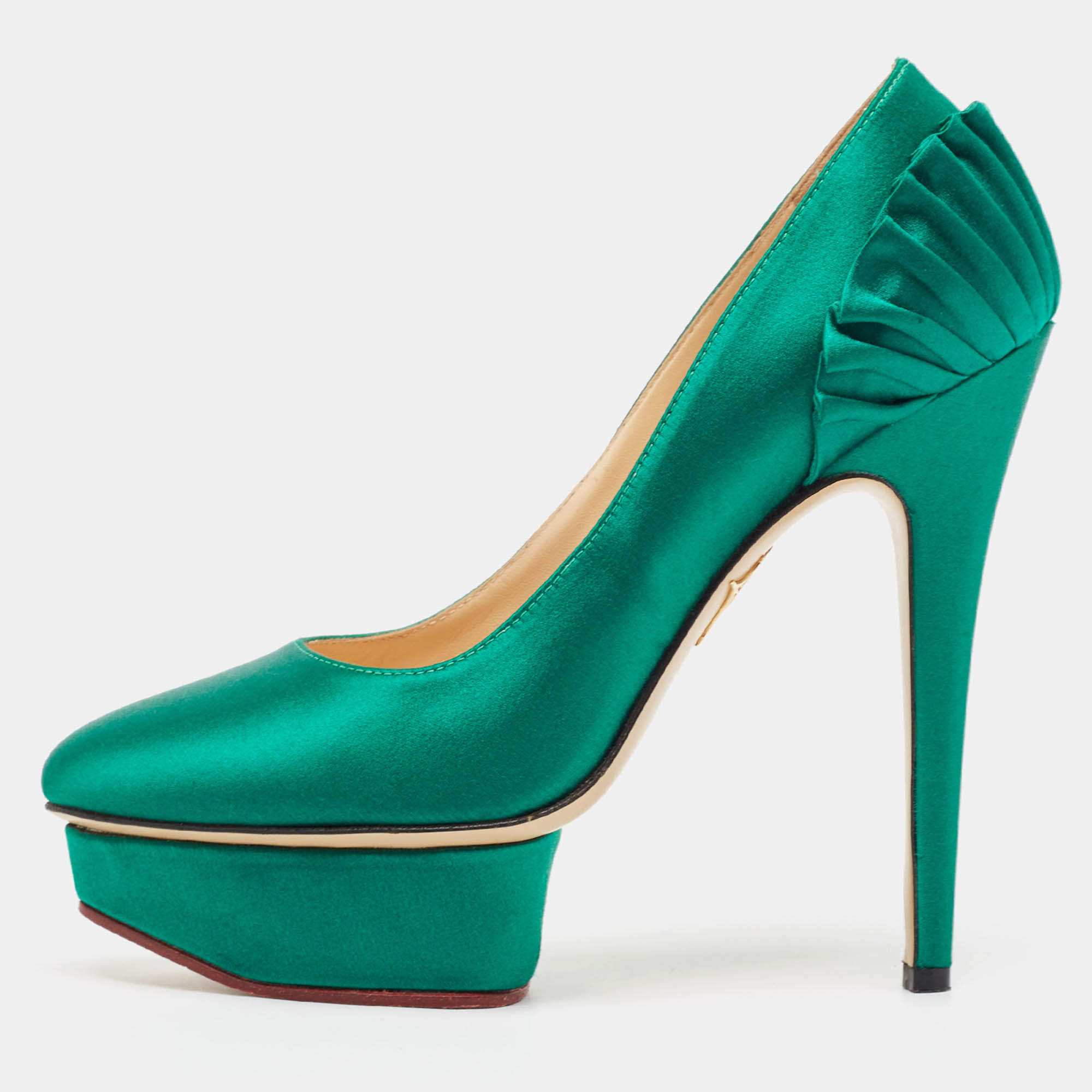 Charlotte Olympia Green Satin Paloma Platform Pumps Size 37.5