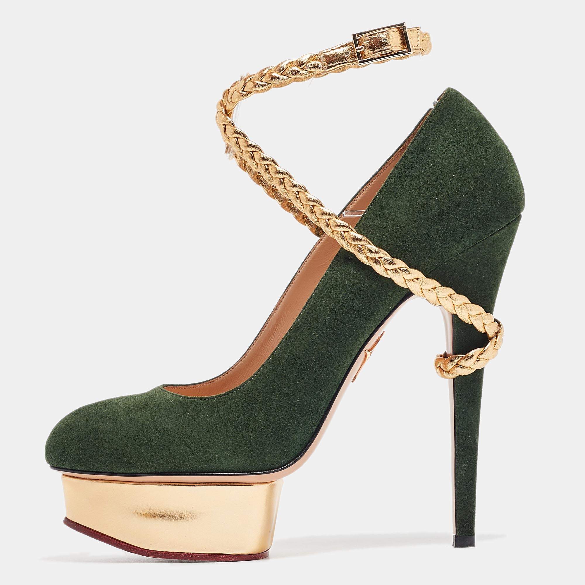 Charlotte Olympia Green/Gold Suede and Braided Leather Dolly Ankle Strap Pumps 38.5