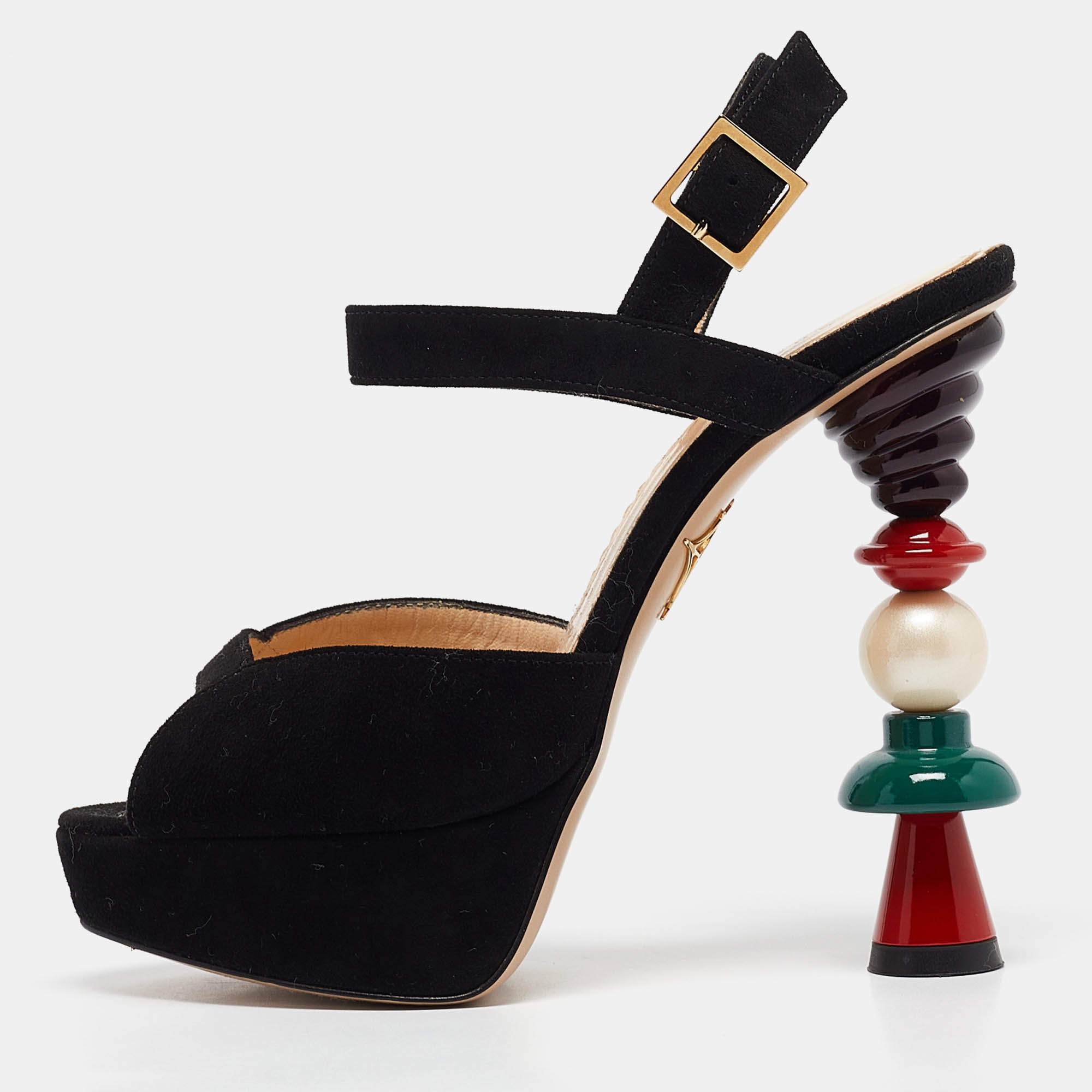 مملوكة مسبقًا Charlotte Olympia Black Suede Ankle Strap Sandals Size 35