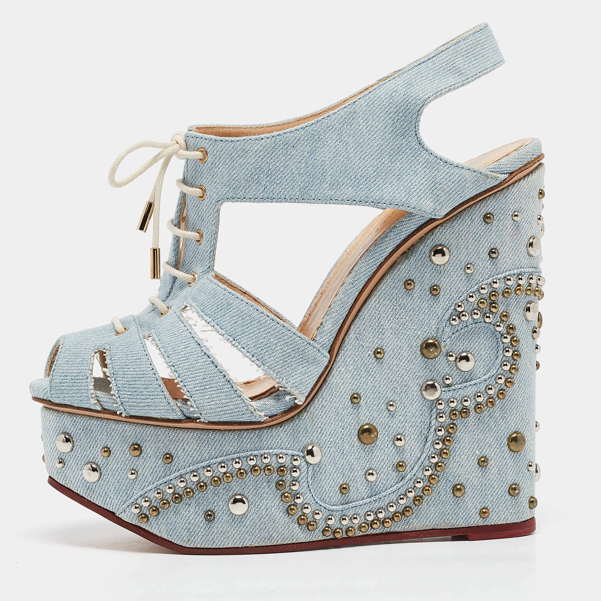 Charlotte Olympia Blue Denim Studded Cut Out Wedge Platform Sandals Size 37