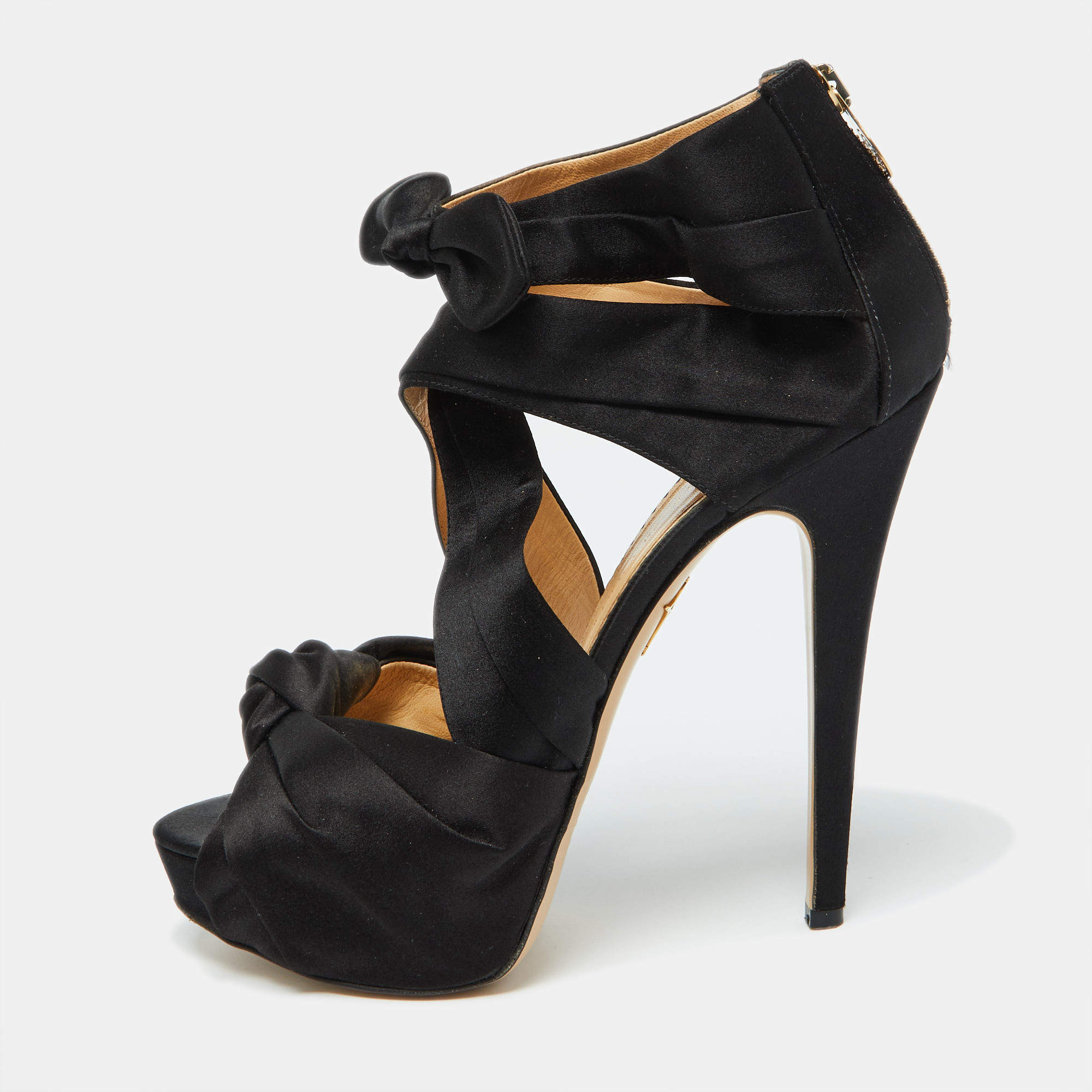 Charlotte Olympia Black Satin Andrea Knotted Platform Sandals Size 40.5