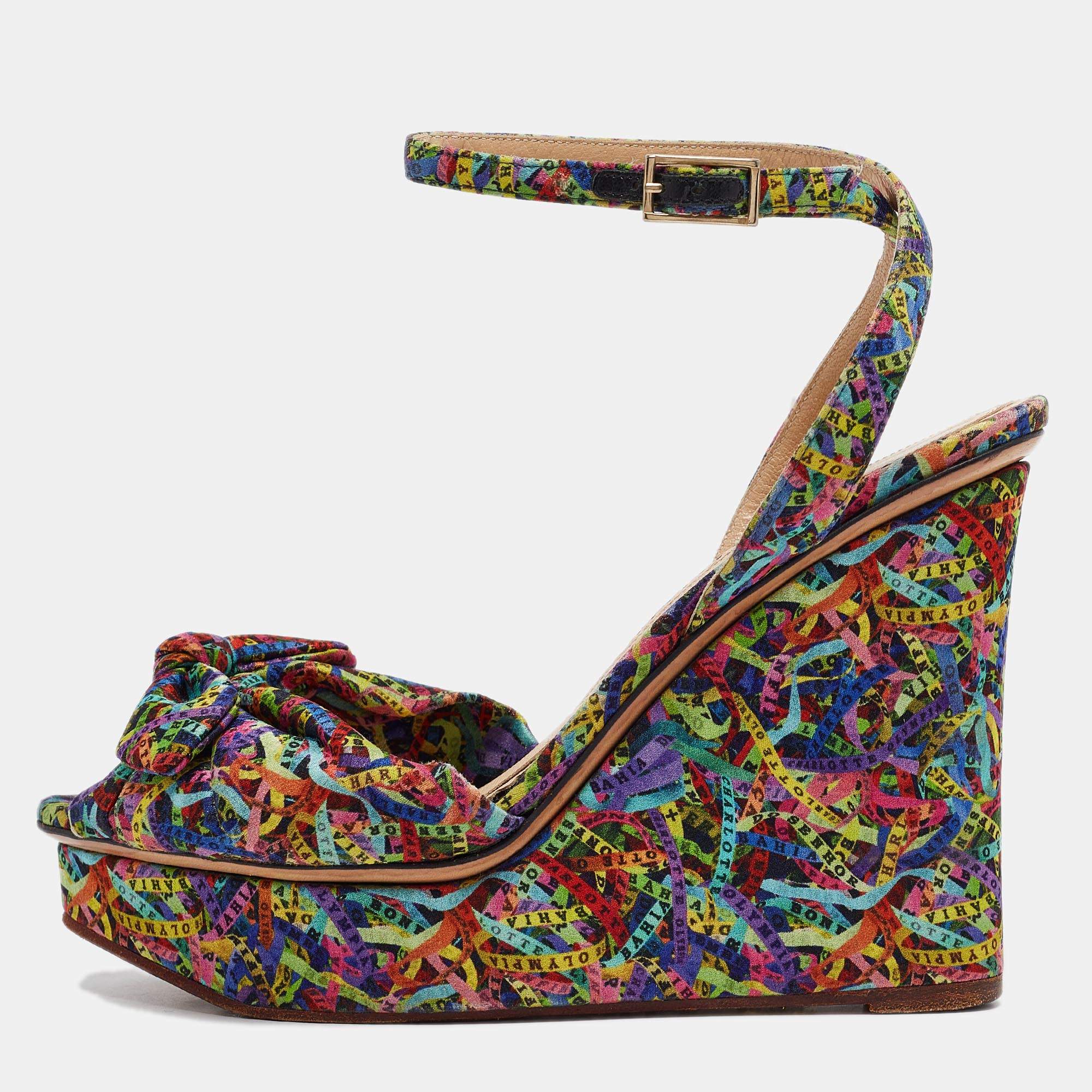 Charlotte Olympia Multicolor Printed Fabric Knotted Bow Ankle Strap Wedge Sandals Size 39.5