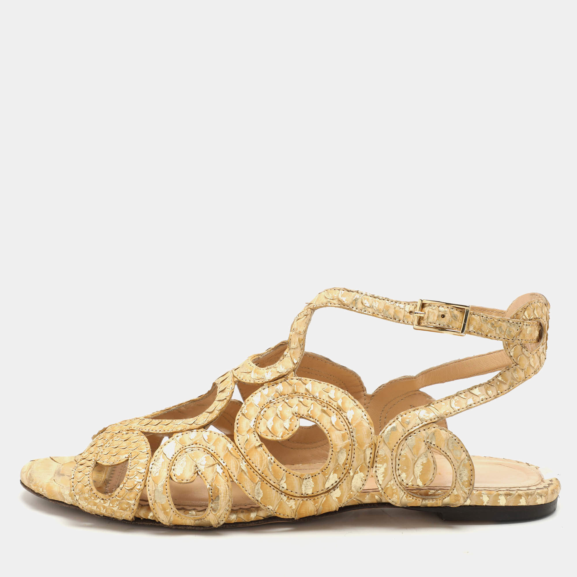 Charlotte Olympia Yellow/Gold Python Cut Out Strappy Flat Sandals Size 38