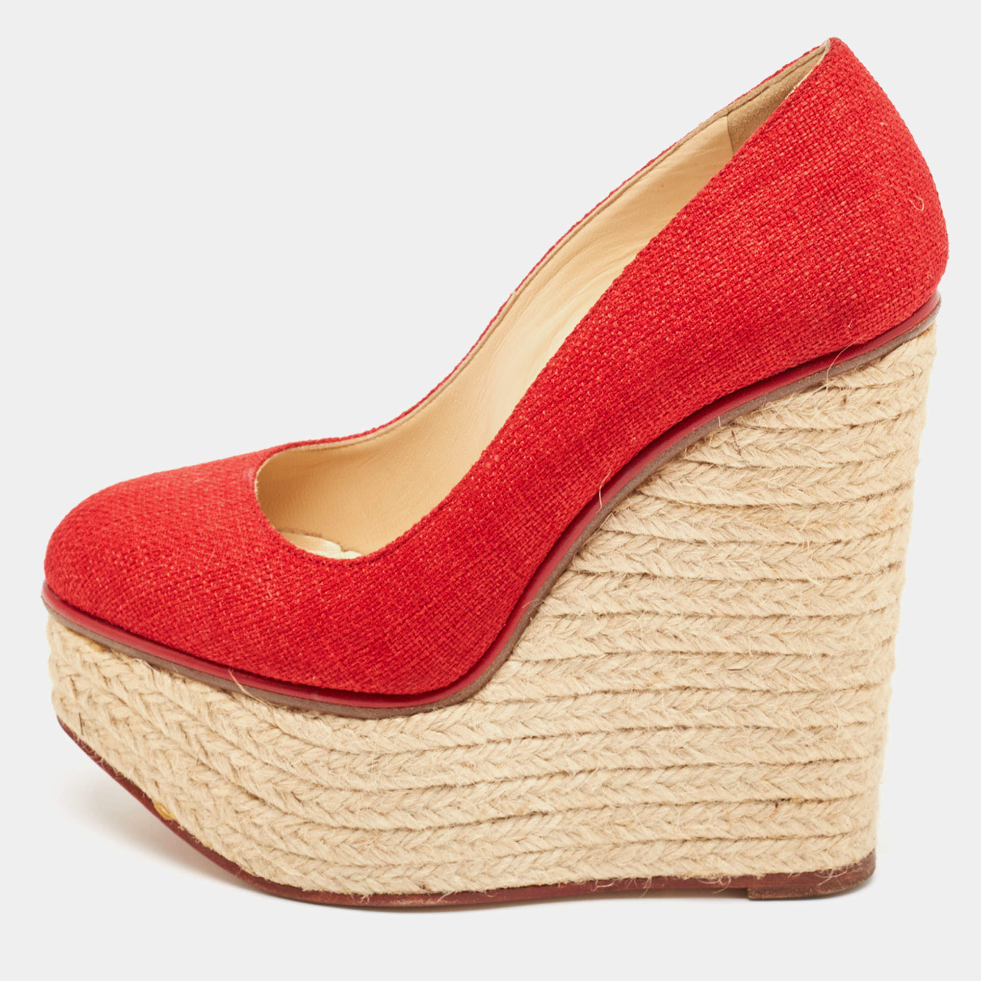 Charlotte Olympia Red Canvas Carmen Espadrille Platform Wedge Pumps Size 34