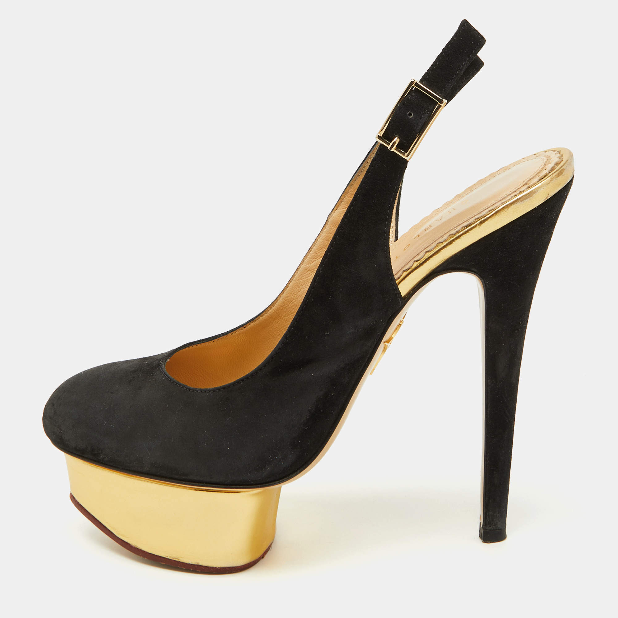 Charlotte Olympia Black Suede Dolly Slingback Platform Pumps Size 36.5