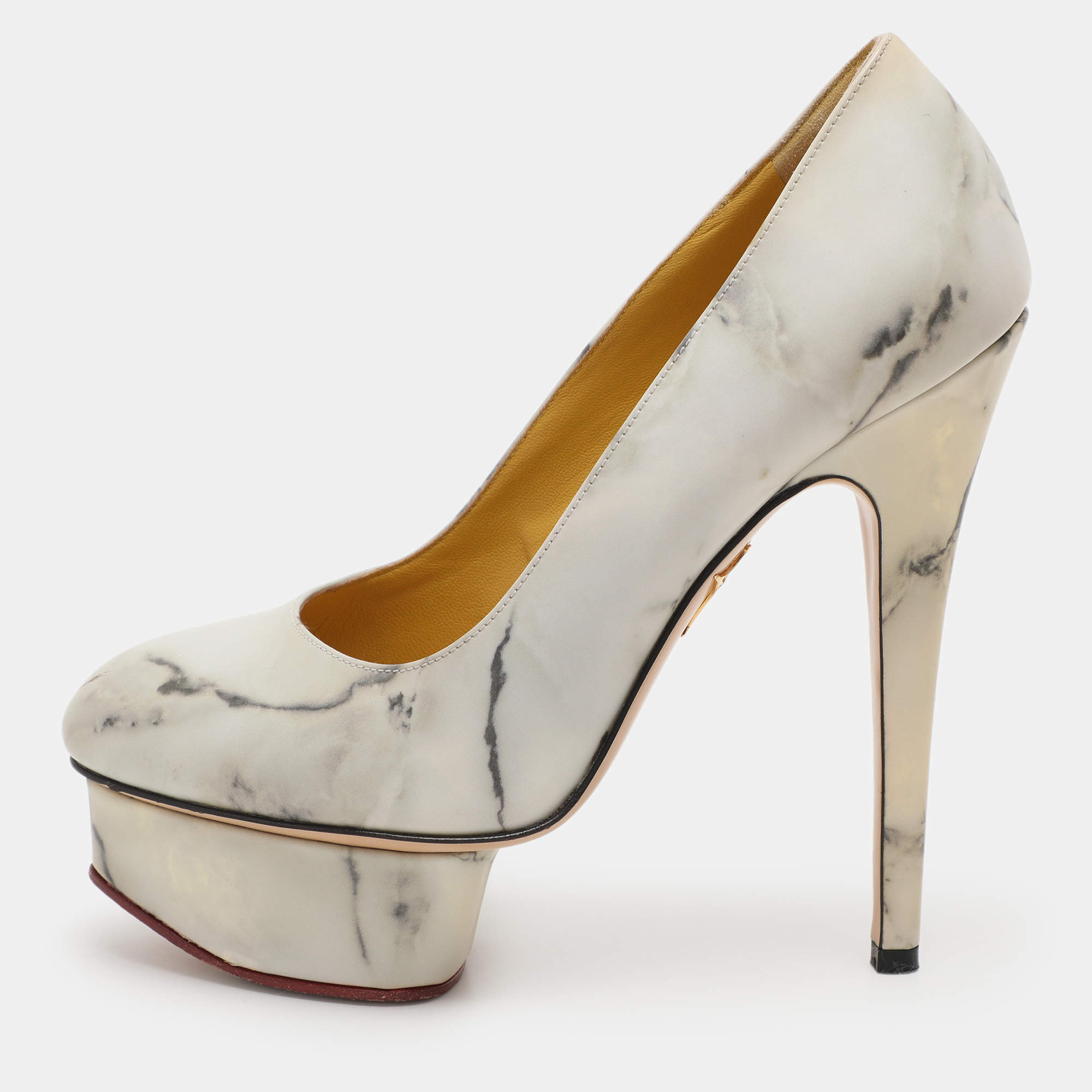 Charlotte Olympia White/Grey Marble-Print Leather Dolly Pumps Size 36