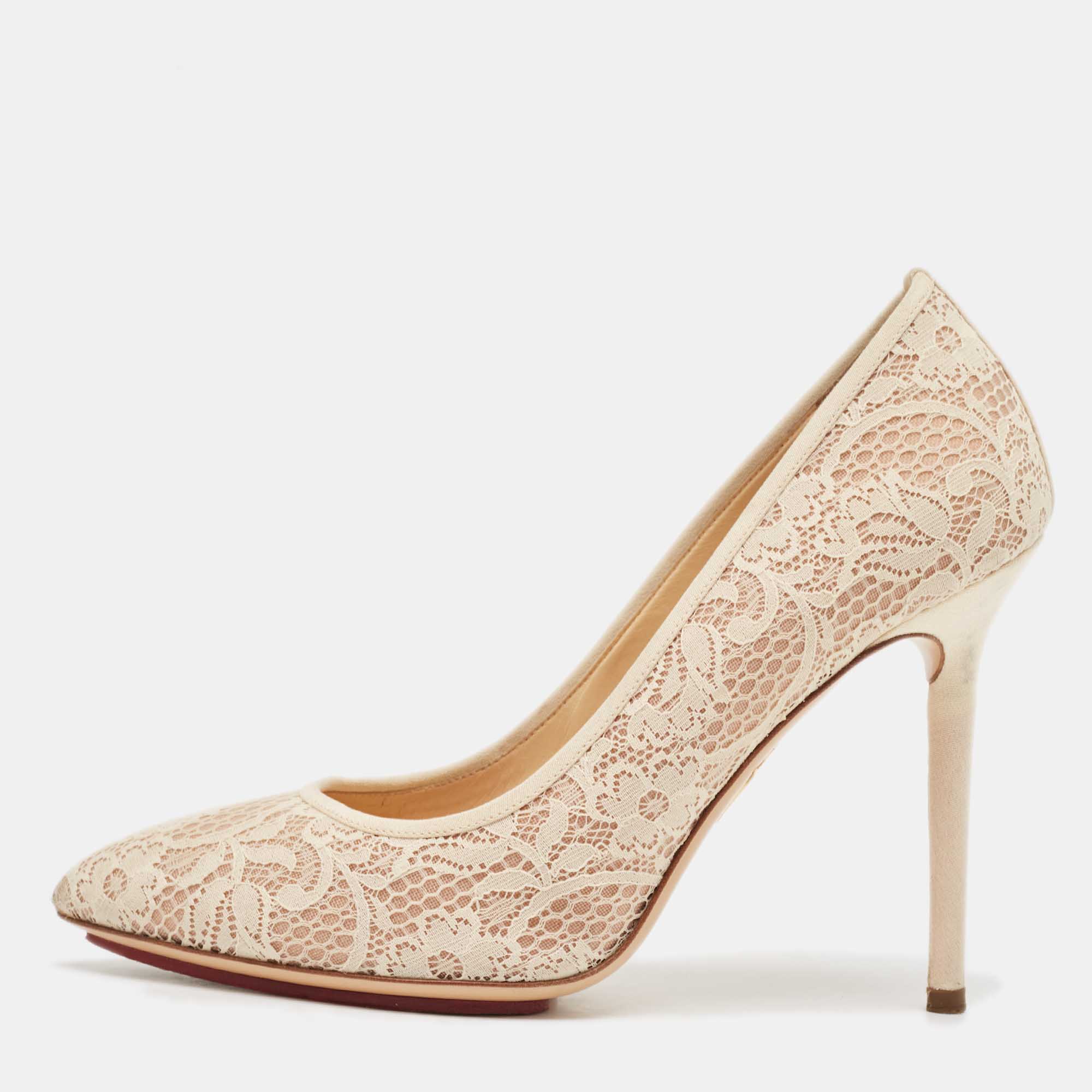Pre Owned Charlotte Olympia Cream Lace and Satin Monroe Pointed Toe Pumps Size 39