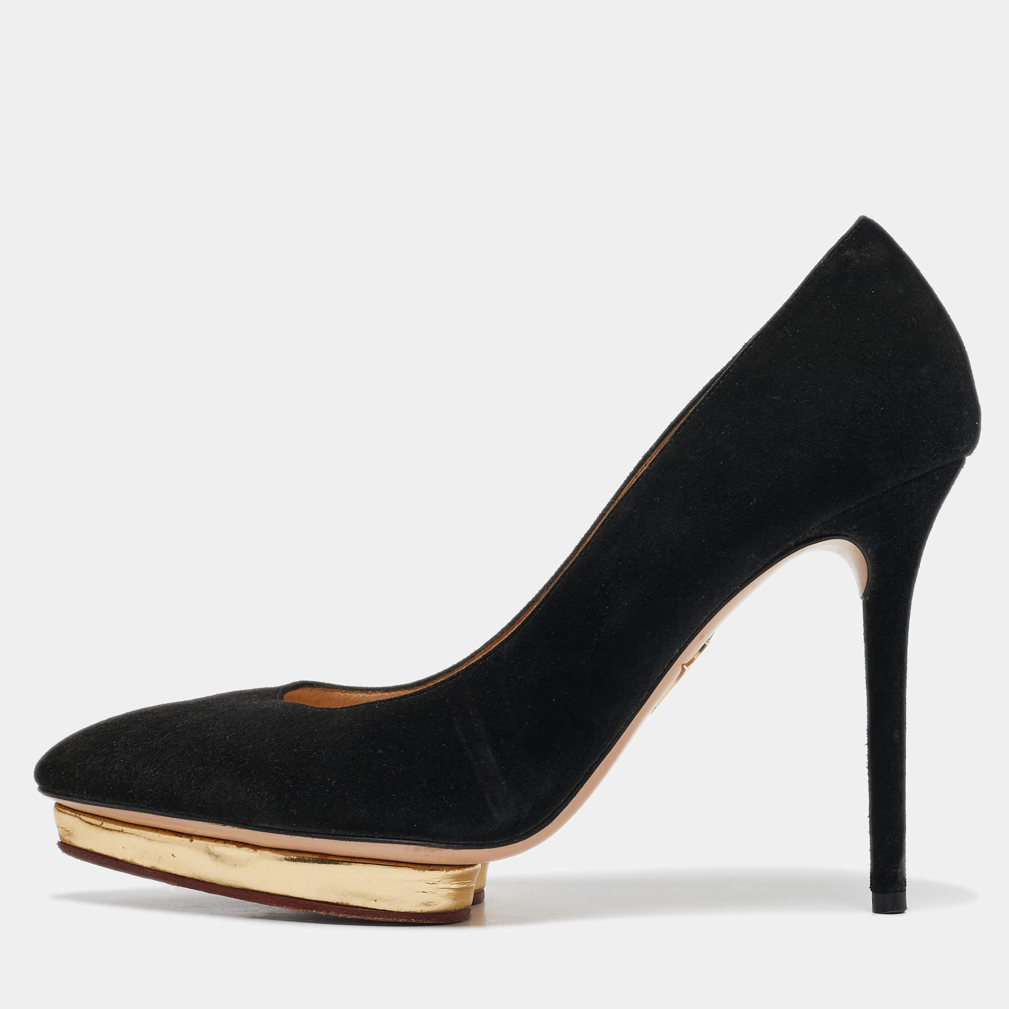 Pre Owned Charlotte Olympia Black Suede Debbie Platform Pumps Size 38