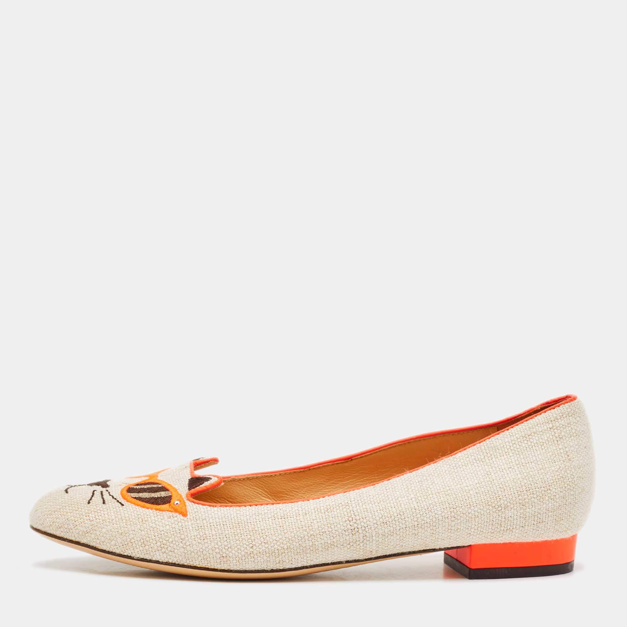 Charlotte Olympia Beige/Orange Canvas Cat Ballet Flats Size 38.5