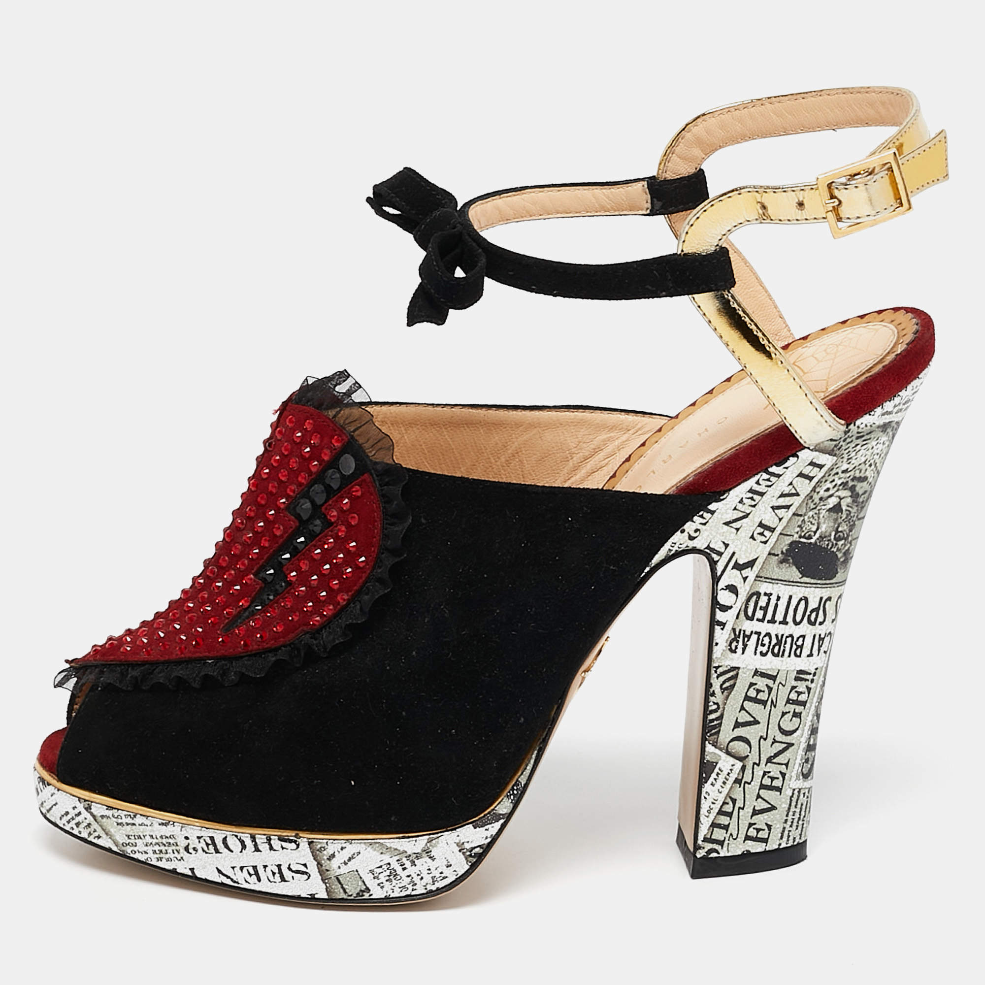 مملوكة مسبقًا Charlotte Olympia Red/Gold Suede And Leather Love Ankle Strap Sandals Size 39