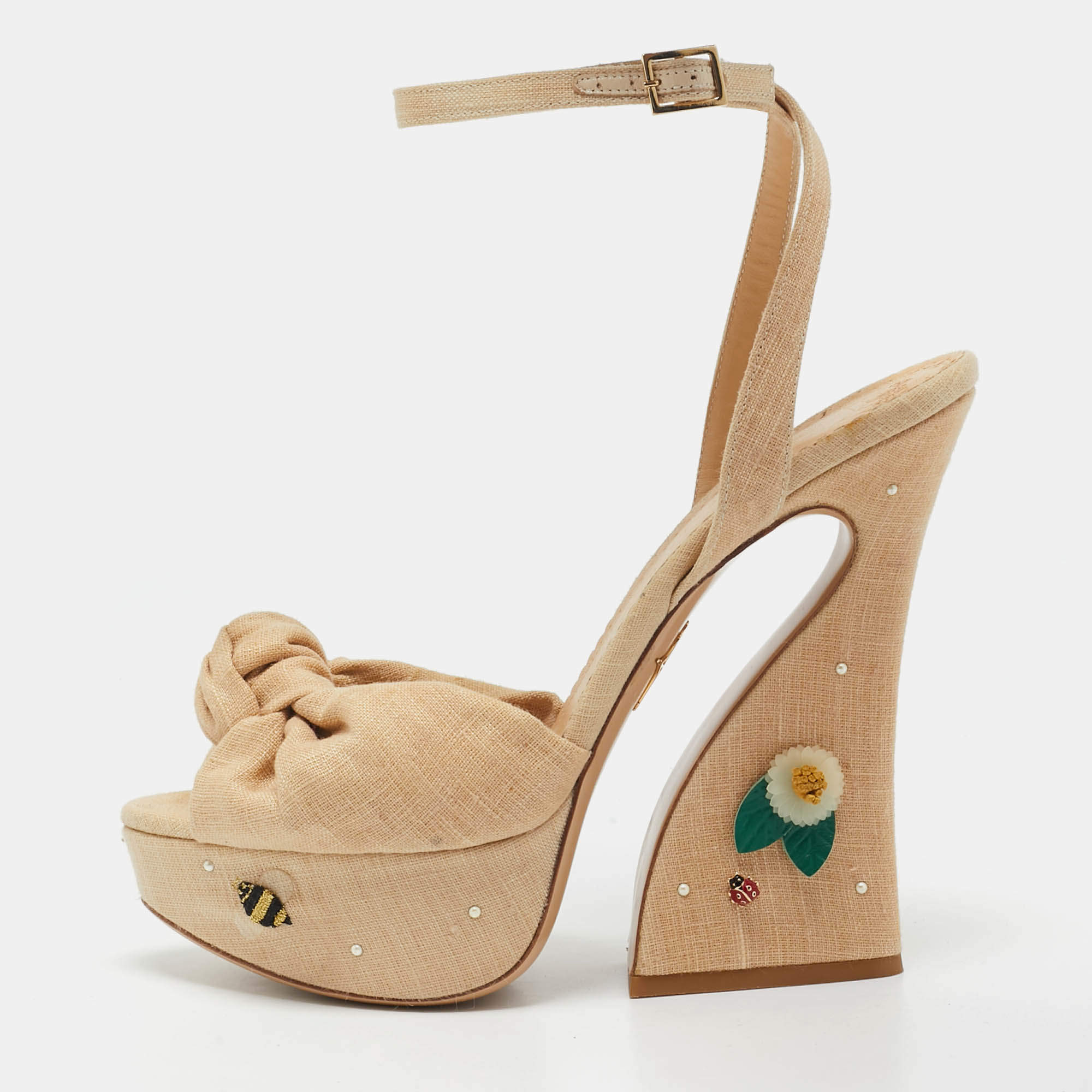 Charlotte Olympia Beige Canvas Floral Vreeland Embellished Platform Sandals Size 41