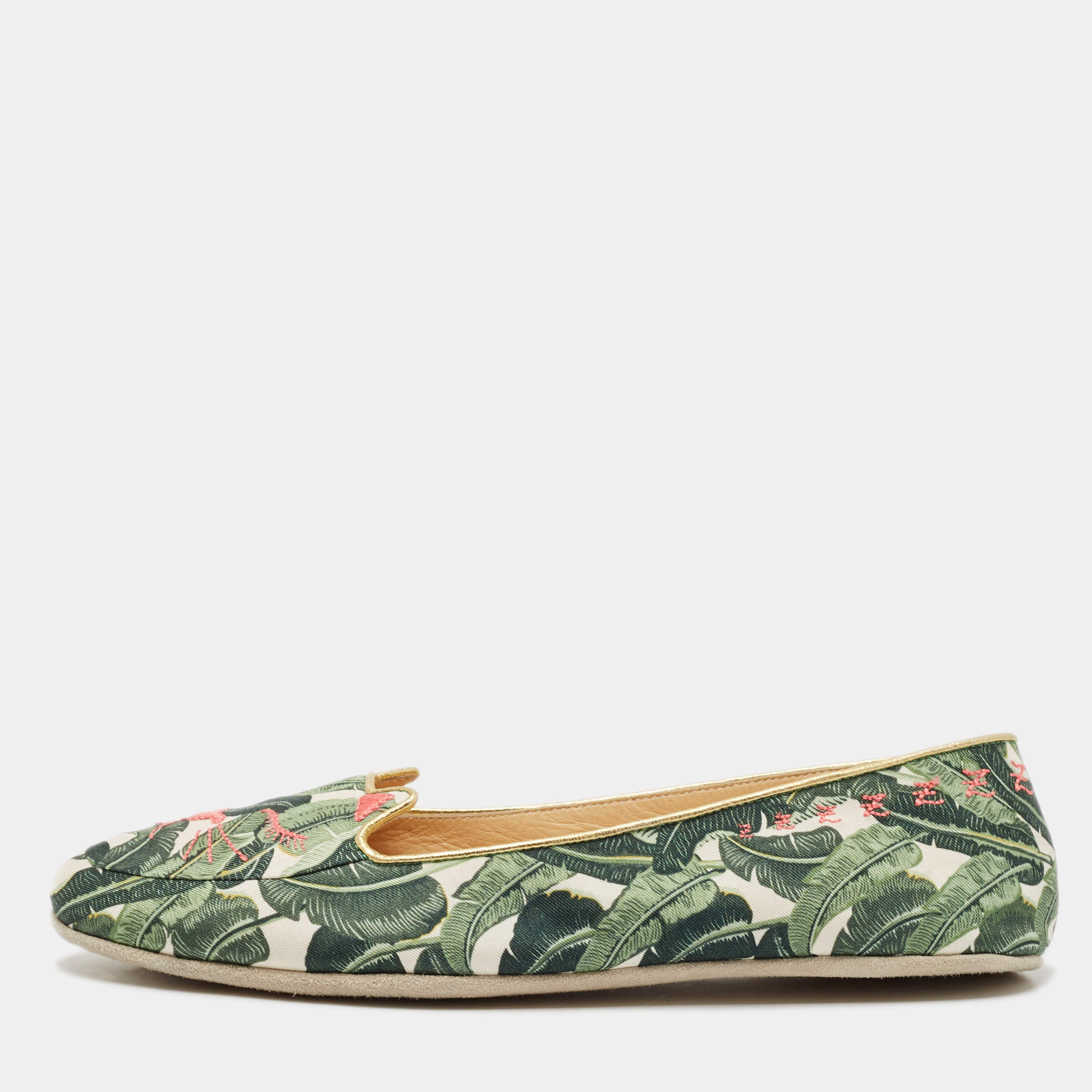 Charlotte Olympia Multicolor Embroidered Fabric Flamingo Smoking Slippers Size 38