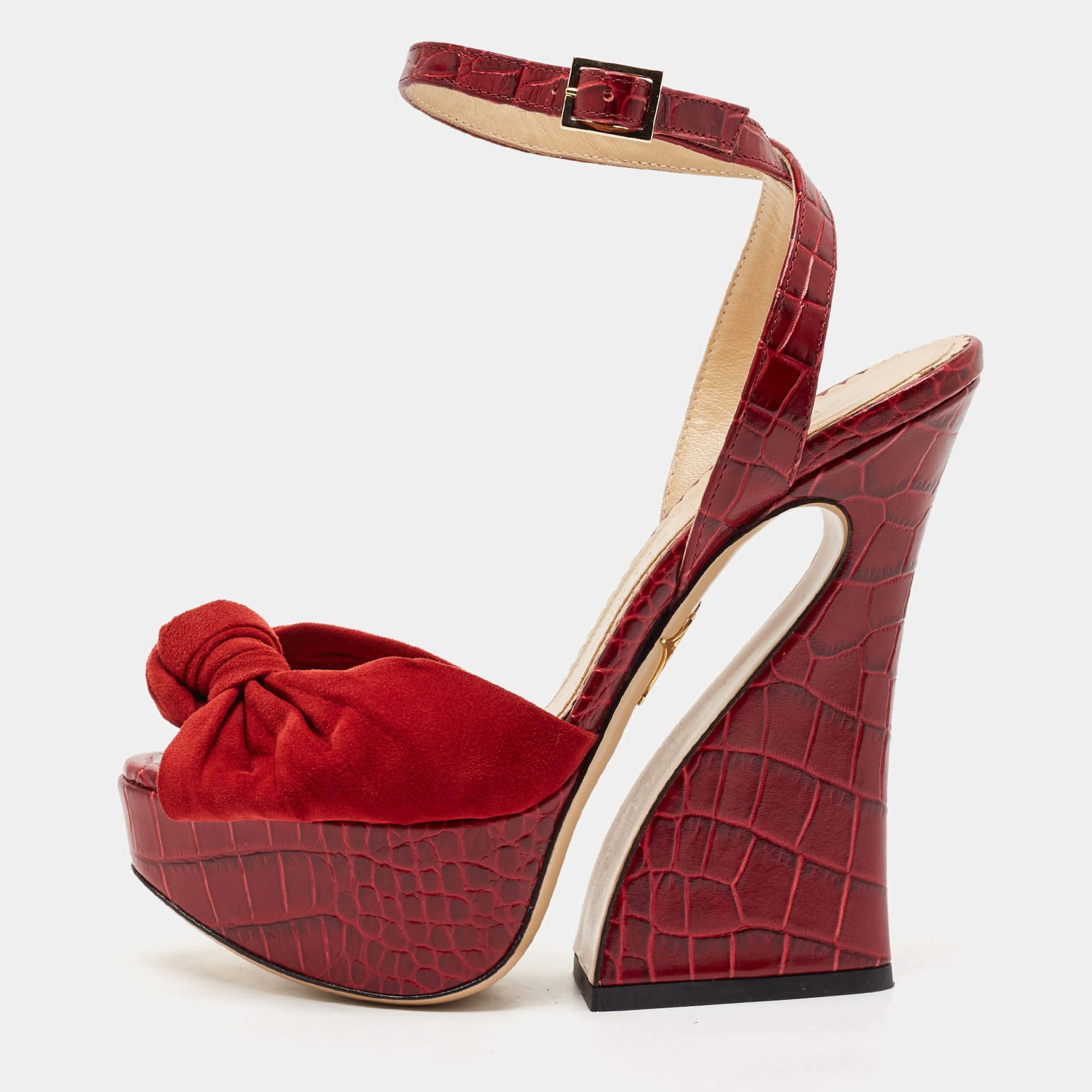 Charlotte Olympia Burgundy Croc Embossed Leather and Suede Ankle Strap Sandals Size 35