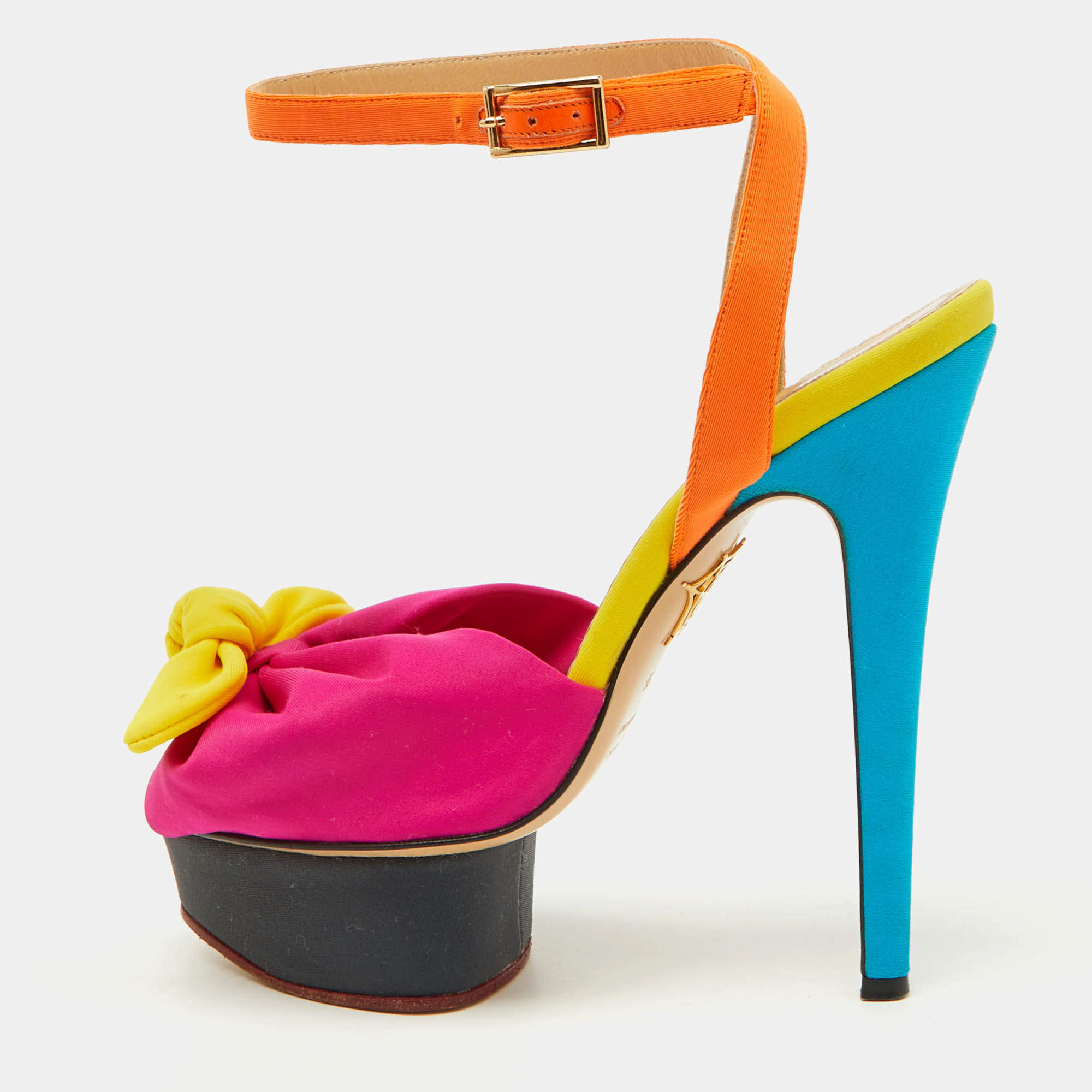 Charlotte Olympia Multicolor Fabric Serena Bow Ankle Strap Platform Sandals Size 36