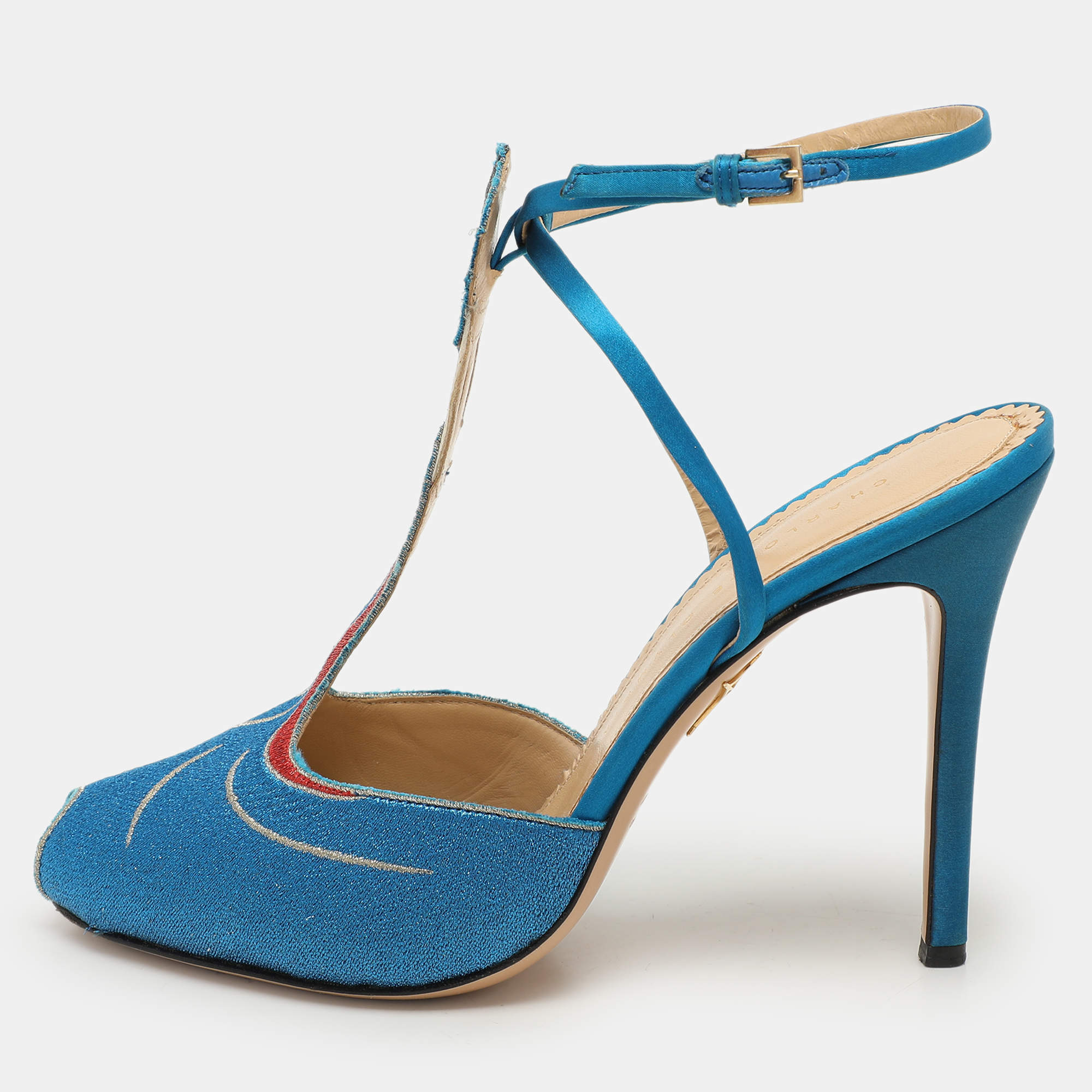 Charlotte Olympia Blue Metallic Lurex Fabric Ankle Strap Sandals Size 40