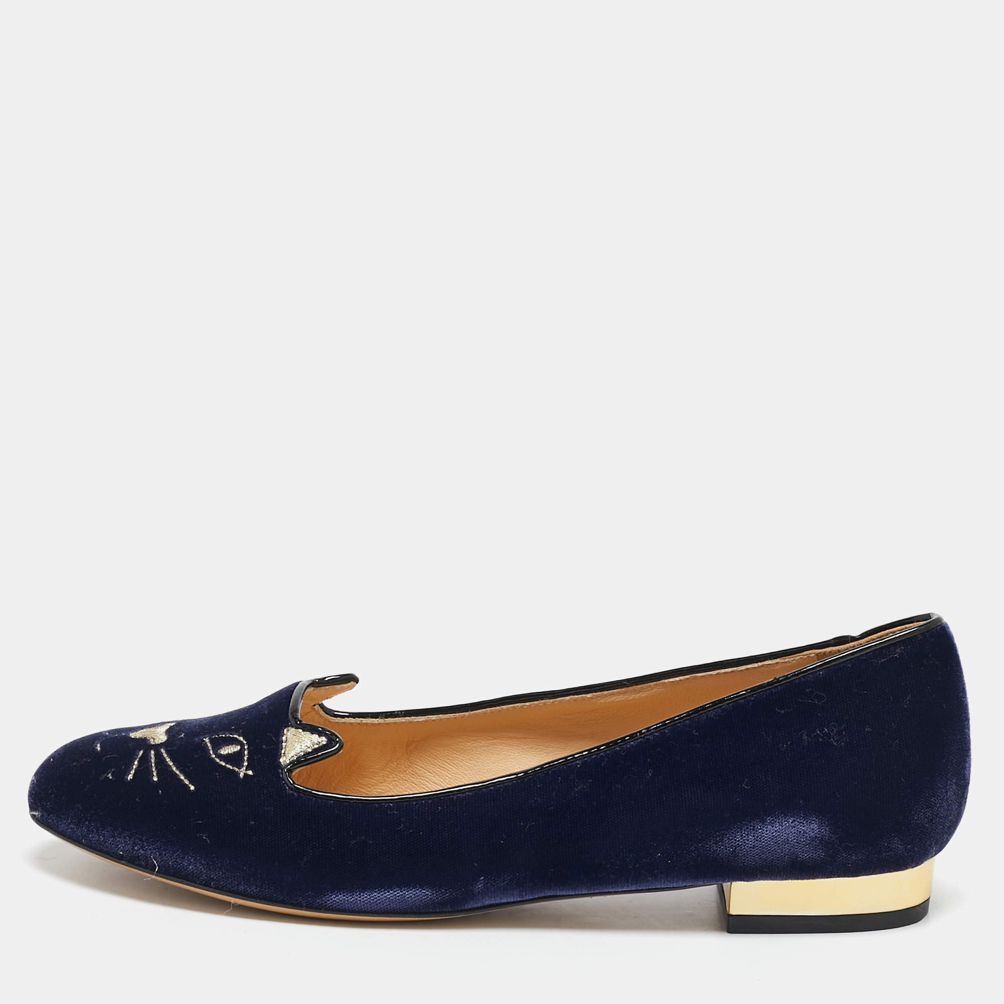 Charlotte Olympia Blue Velvet Kitty Smoking Slippers Size 37