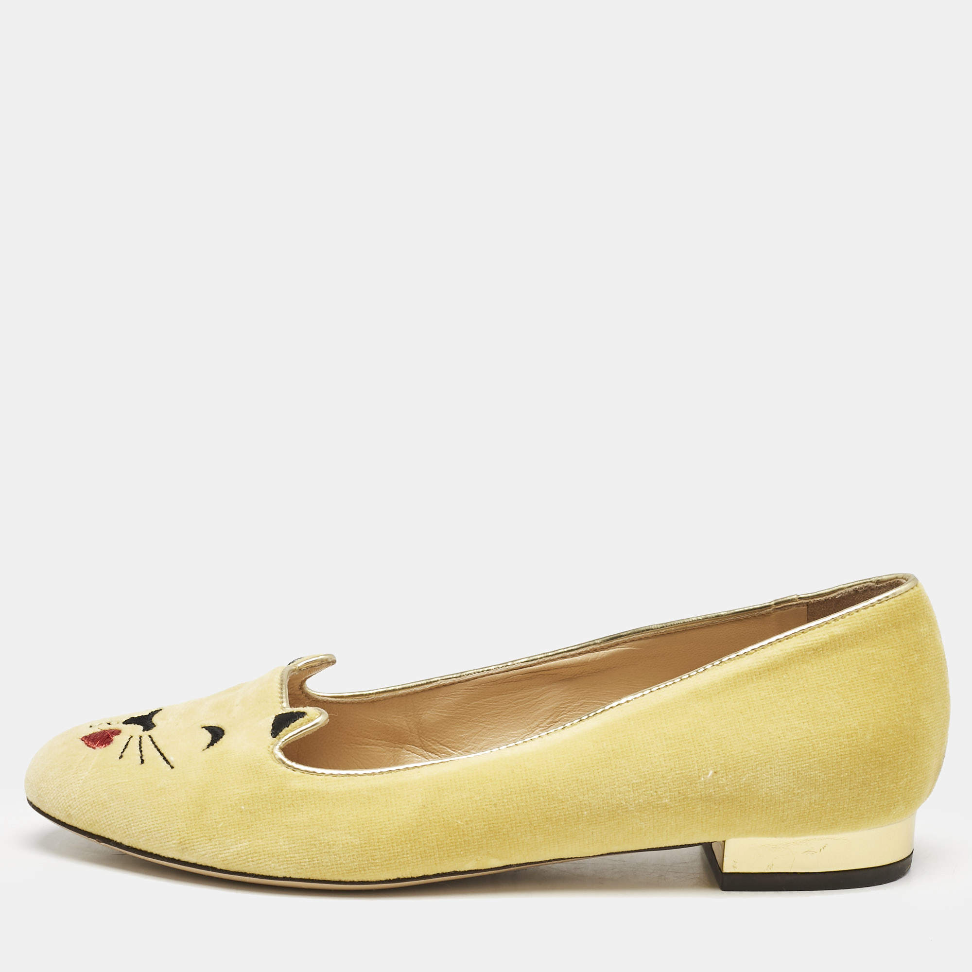 Charlotte Olympia Yellow Velvet Ballet Flats Size 38.5