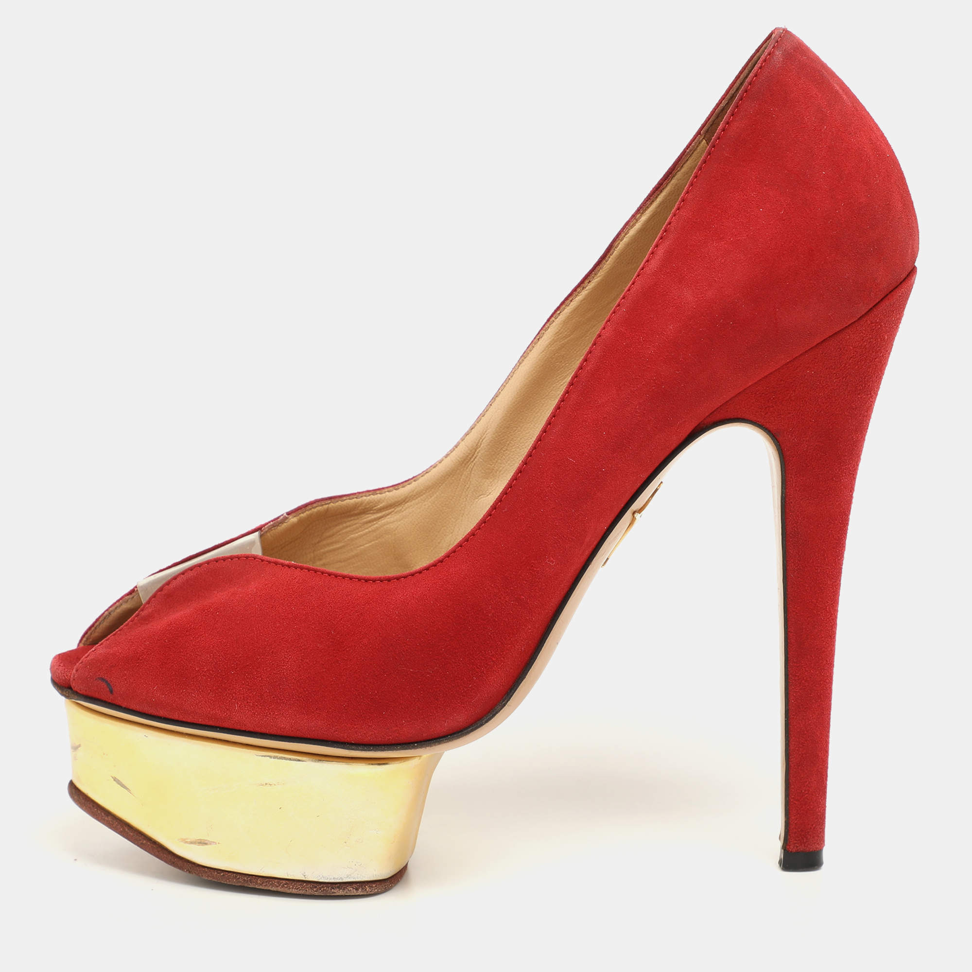 Pre Owned Charlotte Olympia Red Suede and PVC Platform Pumps Size 36