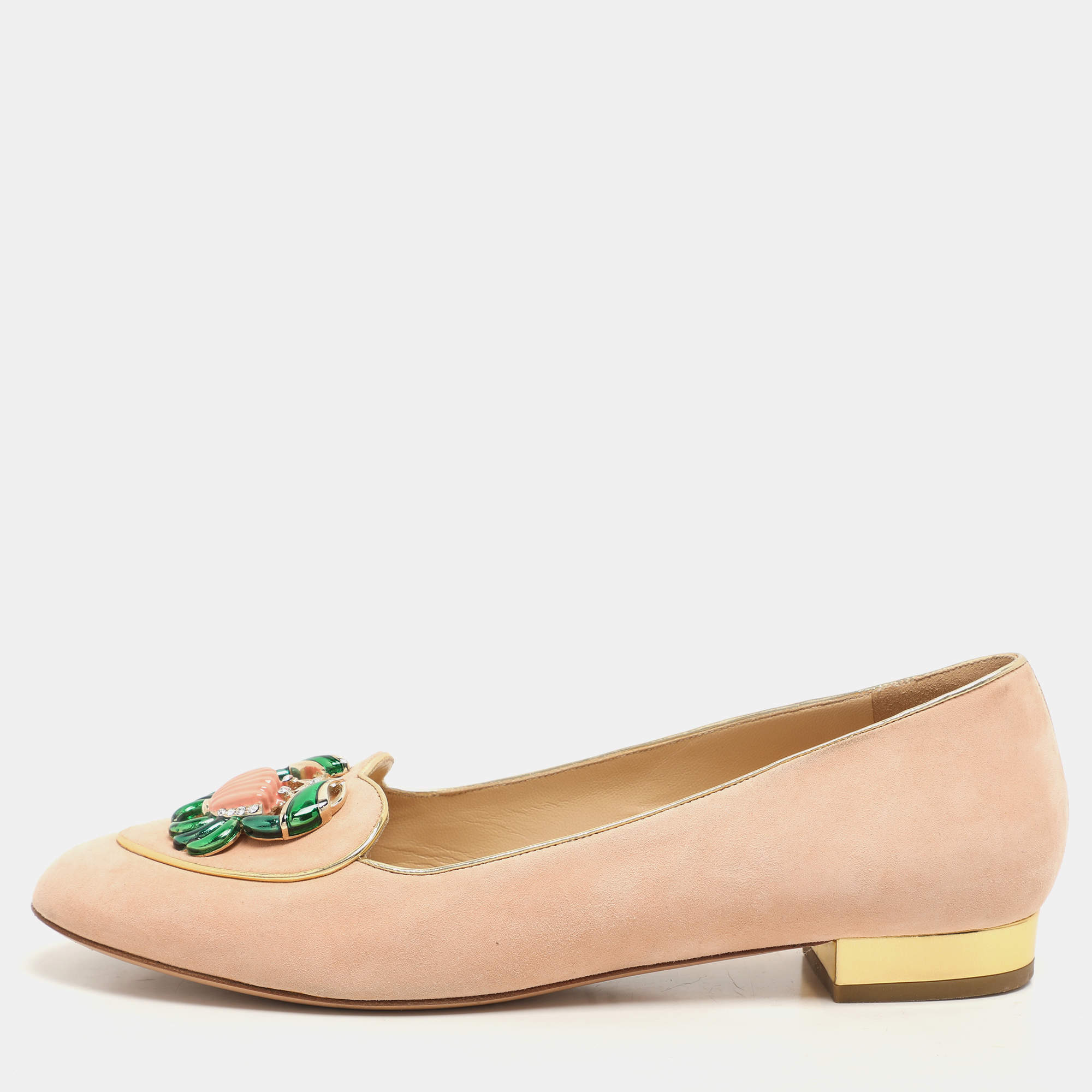 مملوكة مسبقًا Charlotte Olympia Peach Suede Birthday Zodiac Cancer Ballet Flats Size 40