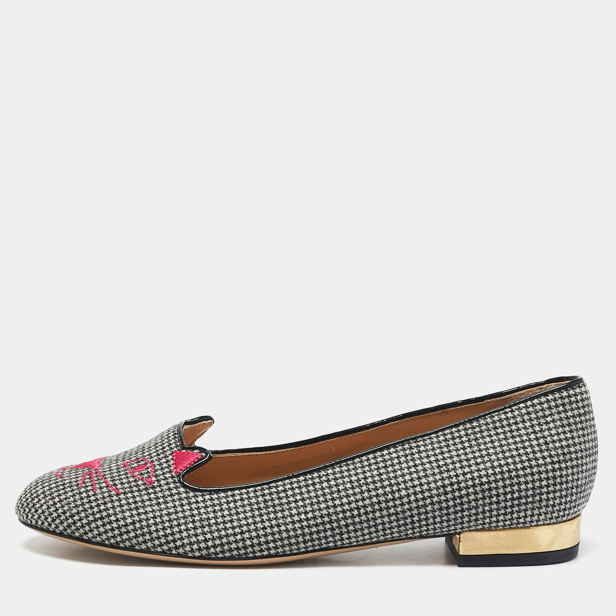 Charlotte Olympia Grey Canvas Emoticats Smoking Slippers Size 38
