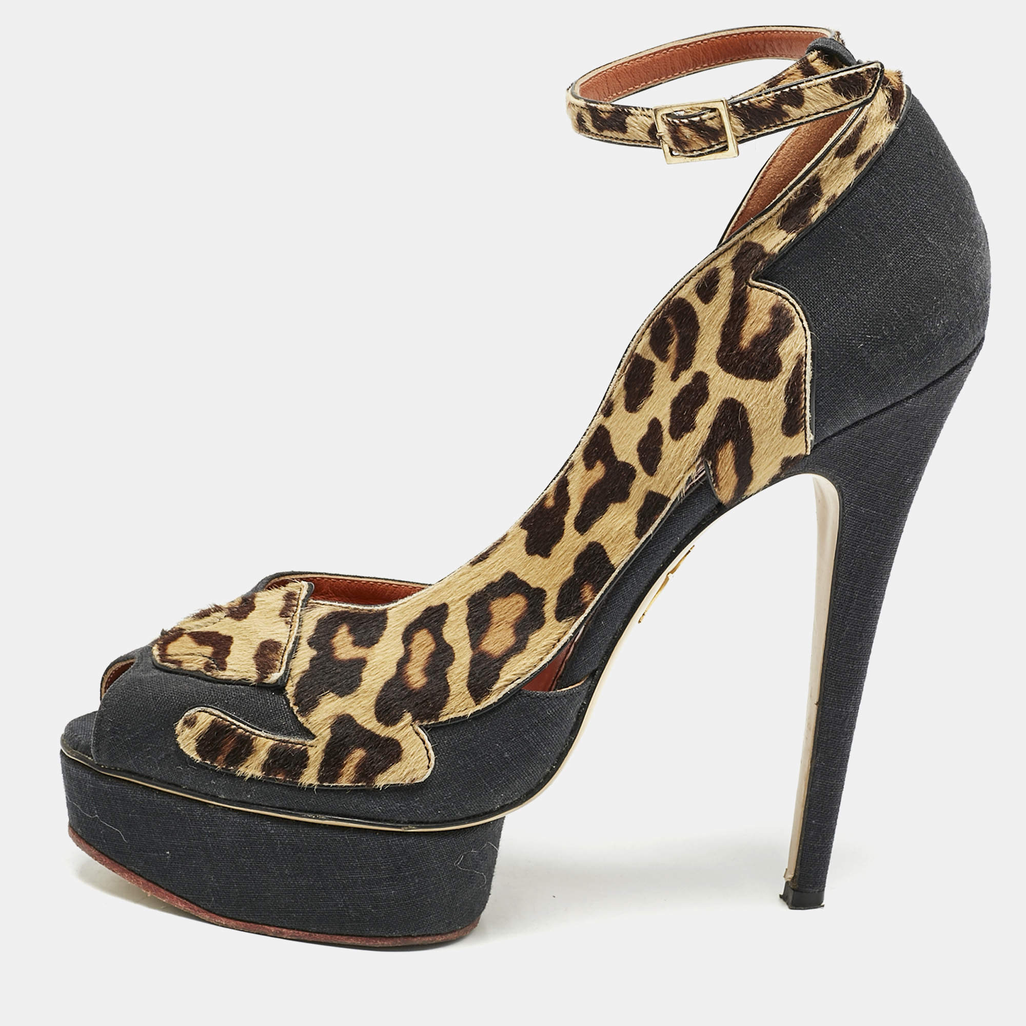 Charlotte Olympia Black/Brown Calfhair and Fabric Leopard D'orsay Pumps Size Size 41