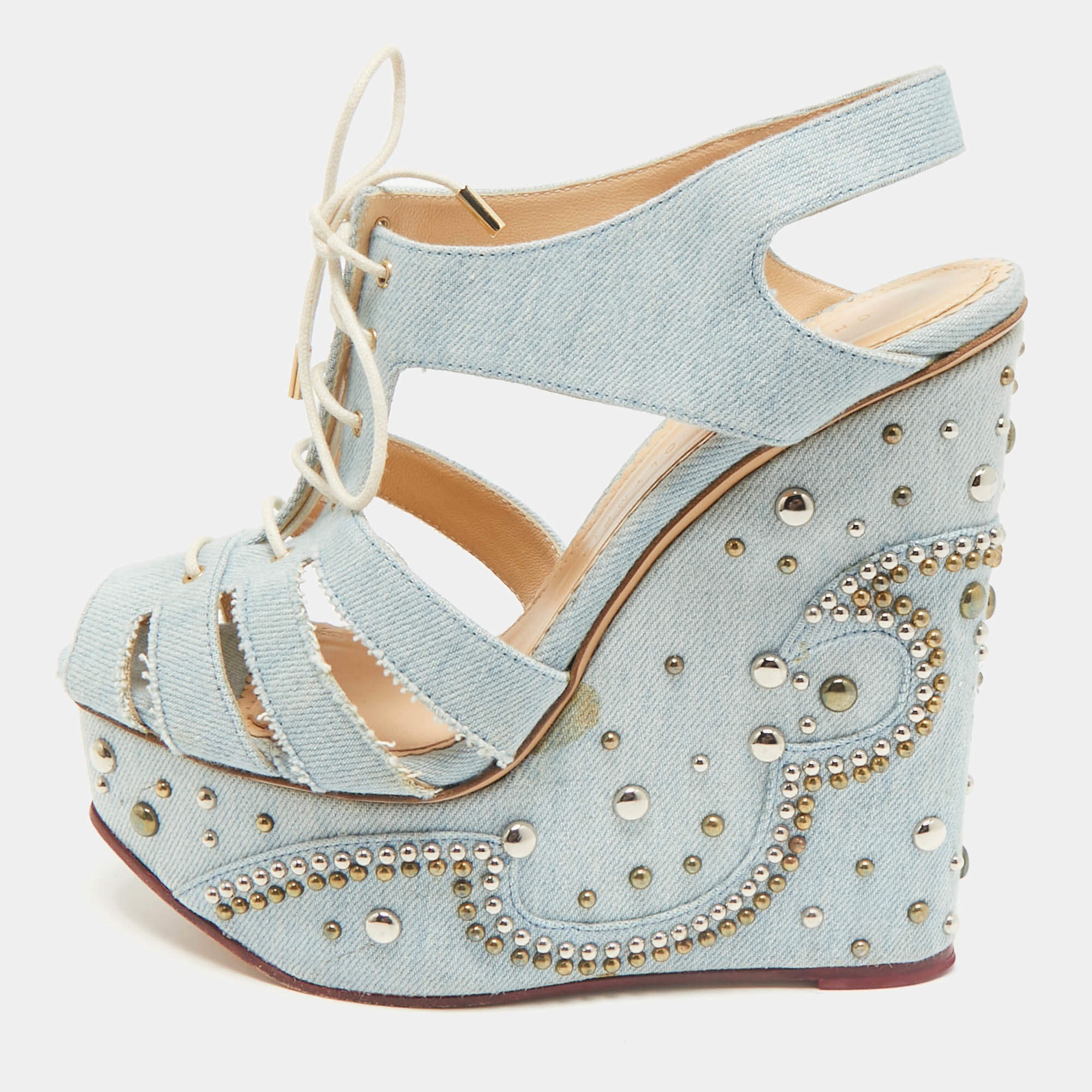 Charlotte Olympia Blue Denim Studded Cut Out Wedge Platform Sandals Size 38