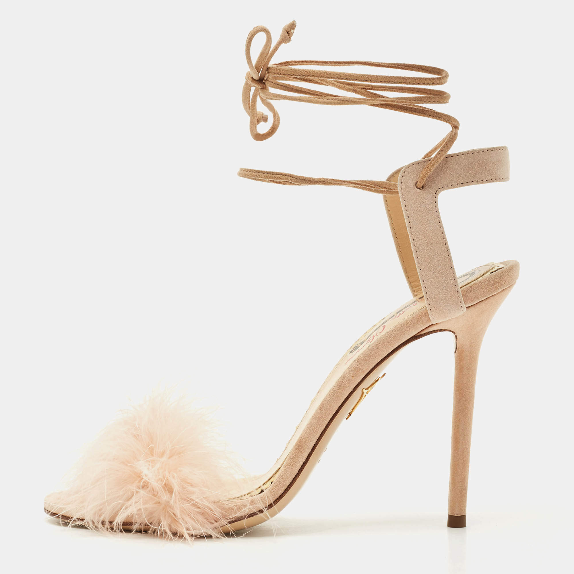 Pre Owned Charlotte Olympia Peach Suede and Fur Trim Salsa Ankle Strap Sandals Size 39.5