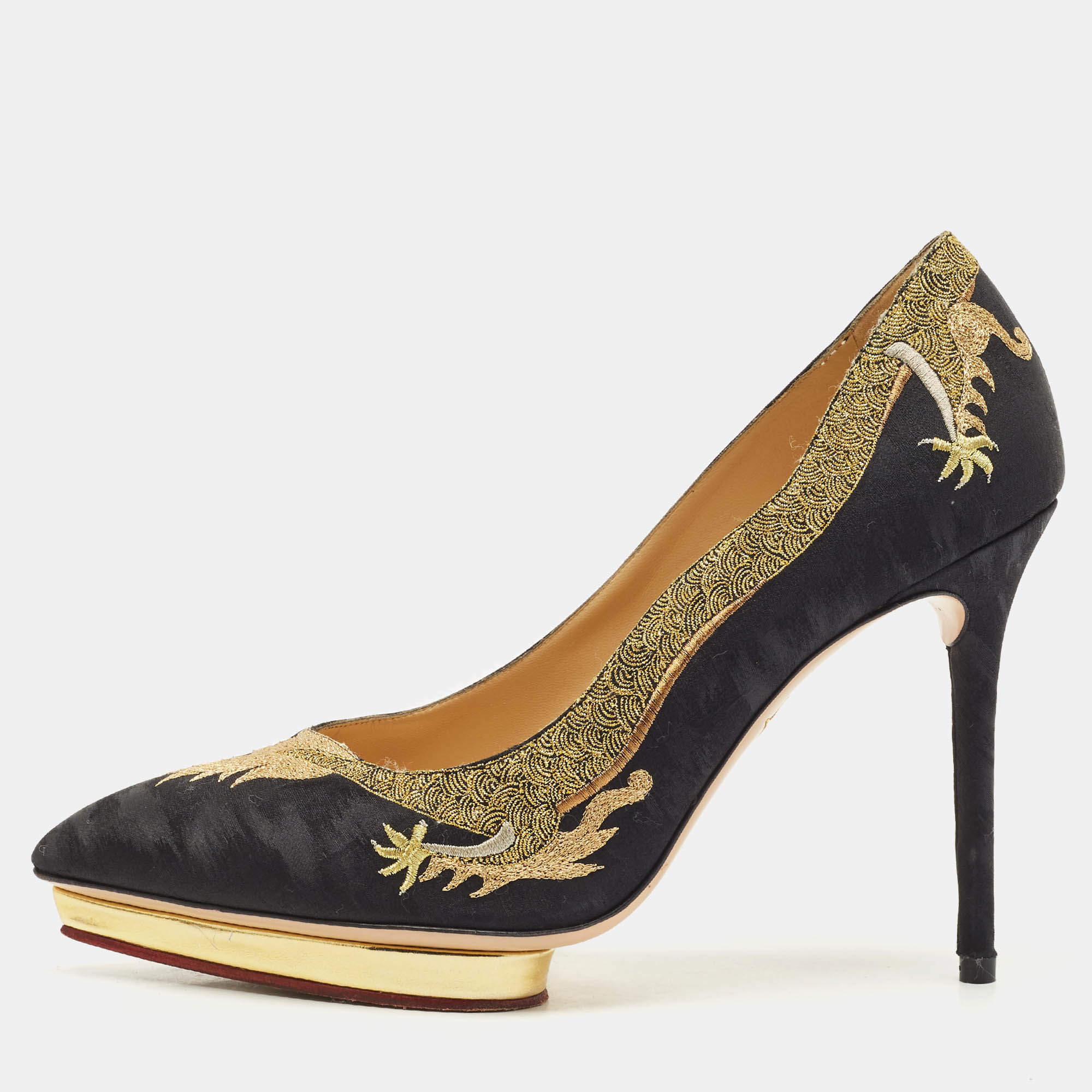 Pre Owned Charlotte Olympia Black Fabric Debbie Dragon Pointed Toe Platform Pumps Size 41