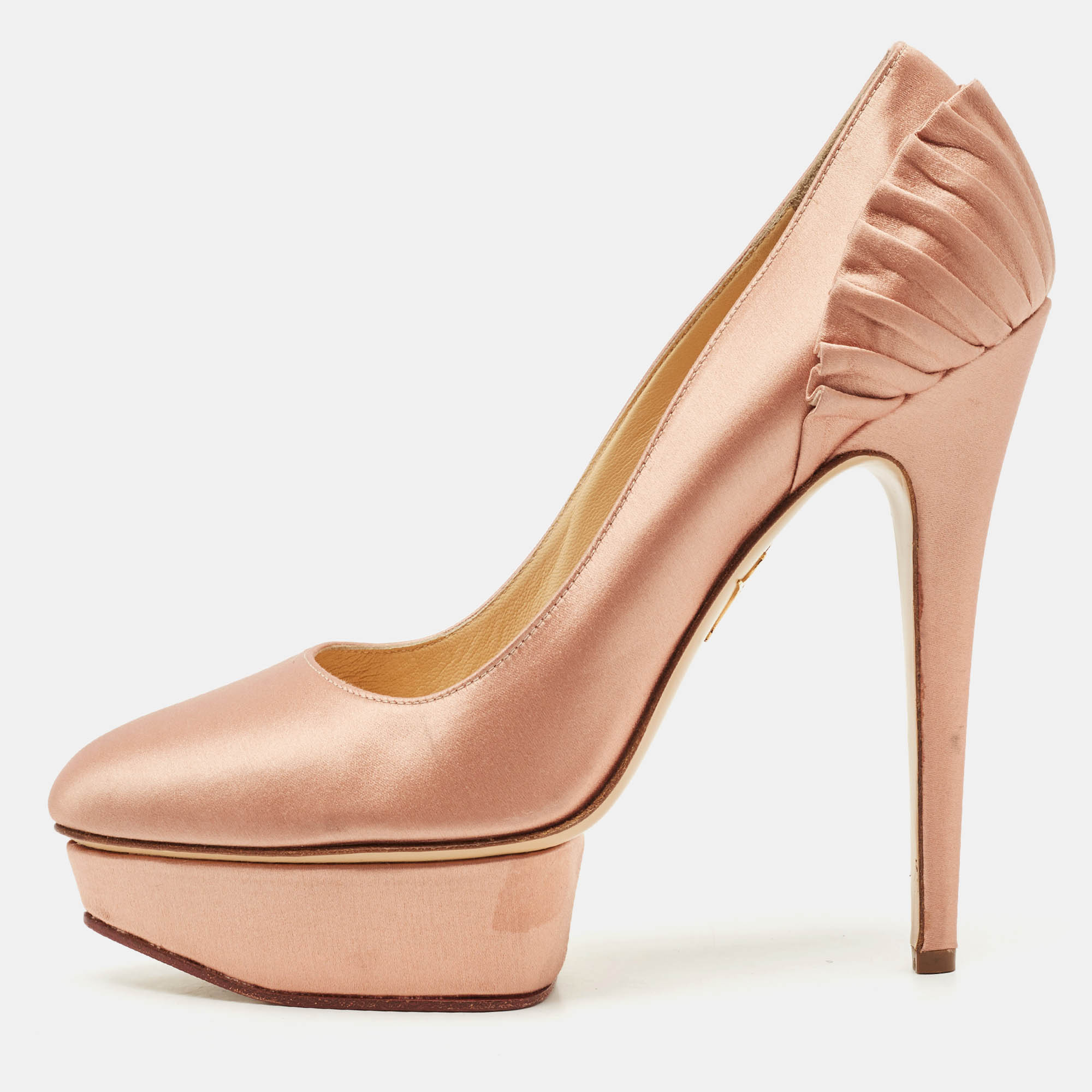 Pre Owned Charlotte Olympia Gold Satin Paloma Fan Pleat Platform Pumps Size 40