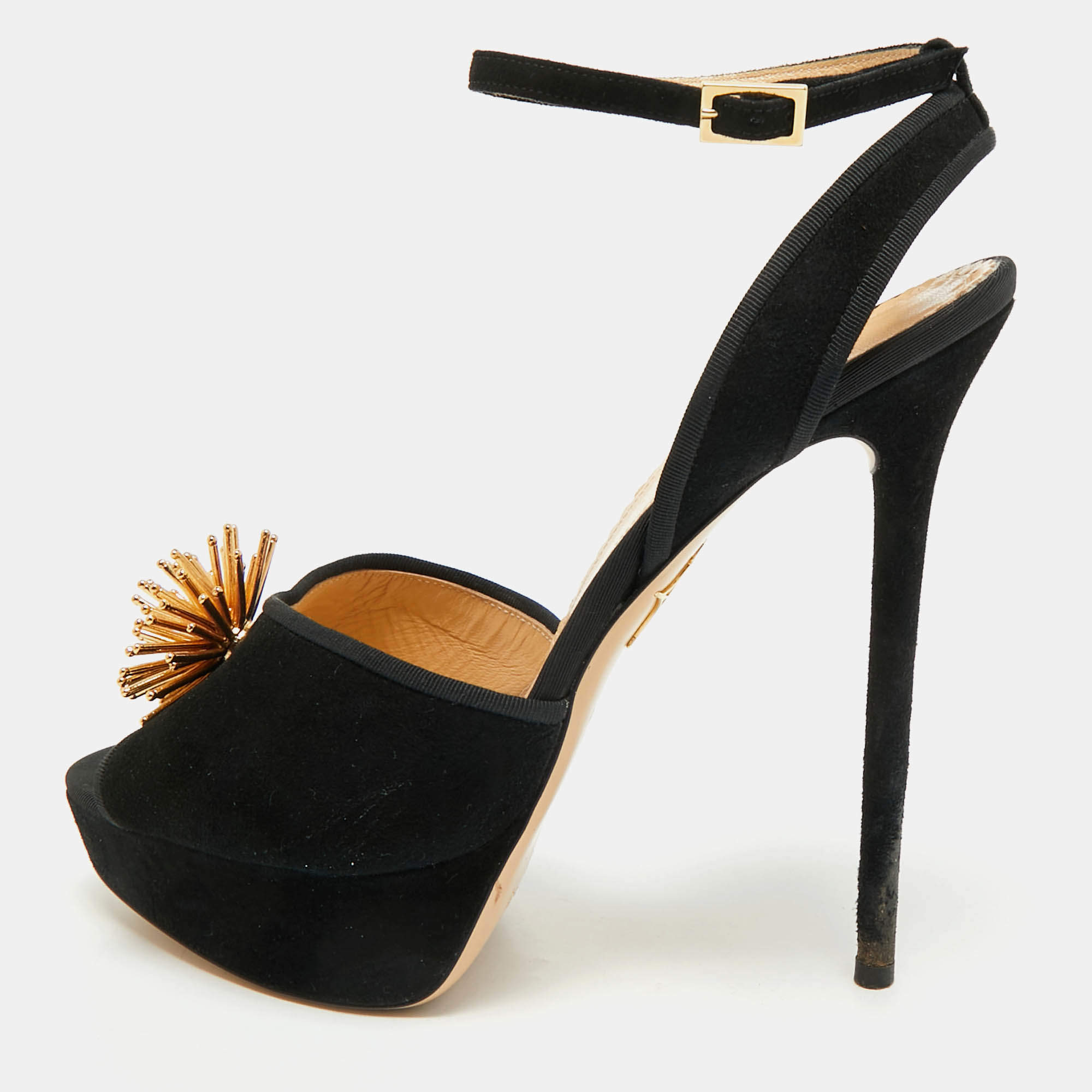 Pre Owned Charlotte Olympia Black Suede Ankle Strap Platform Sandals Size 40