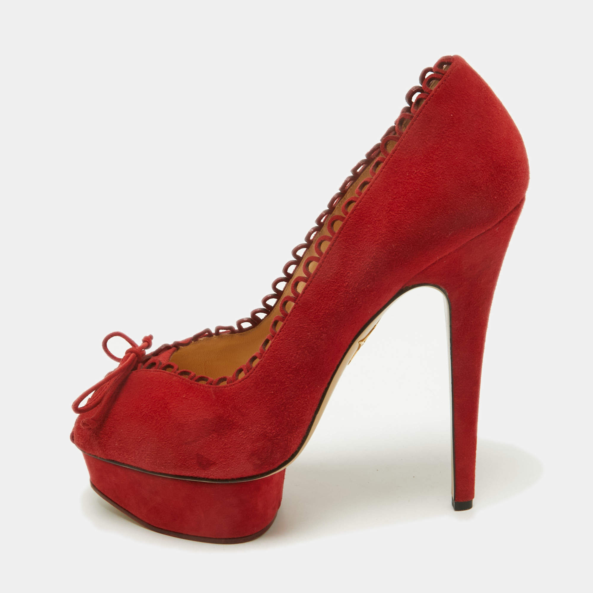 Pre Owned Charlotte Olympia Red Suede Daphne Scalloped Trim Peep Toe Platform Pumps Size 40