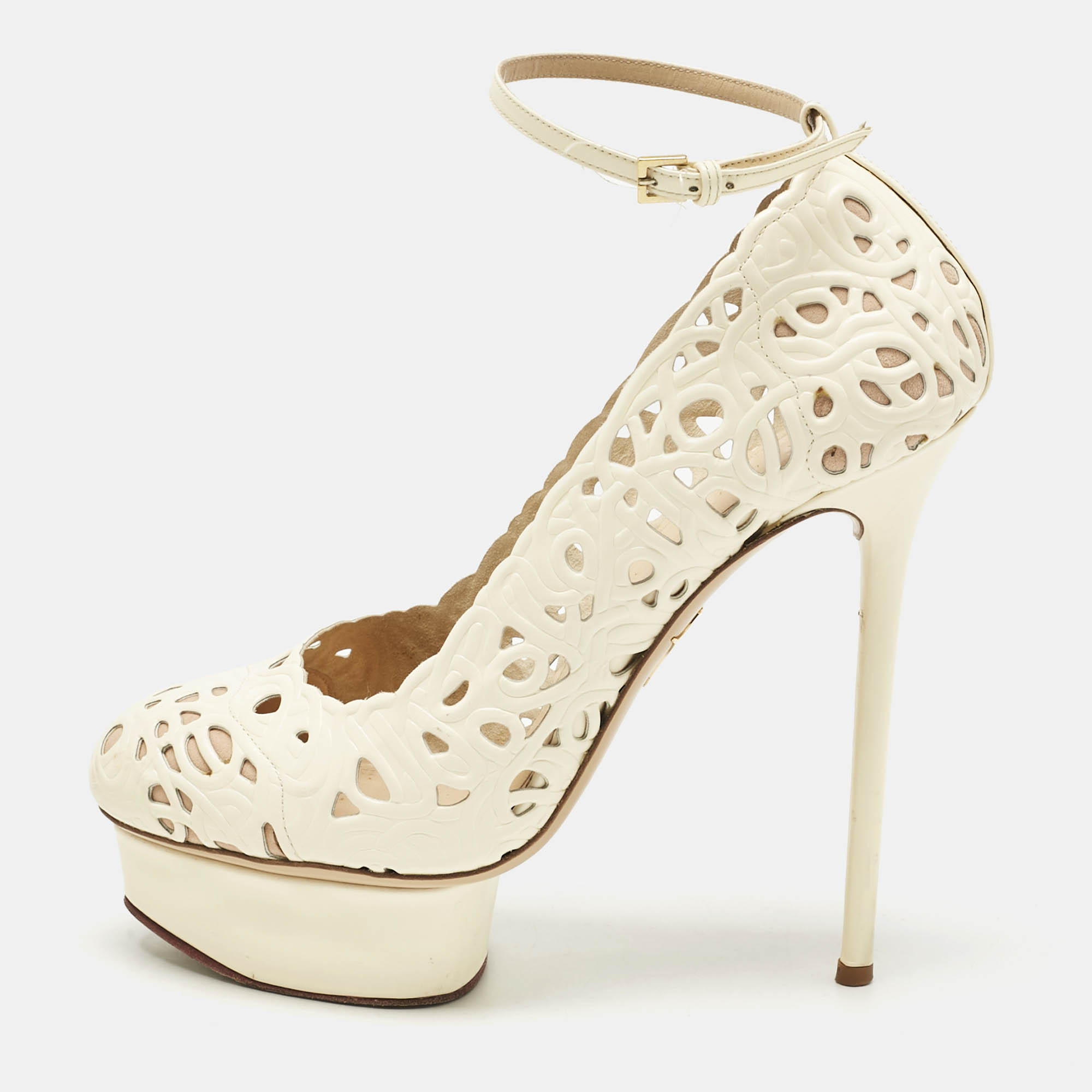 Pre Owned Charlotte Olympia Cream Cut Out Leather Scribble Dolores Ankle Strap Platform Pumps Size 38.5