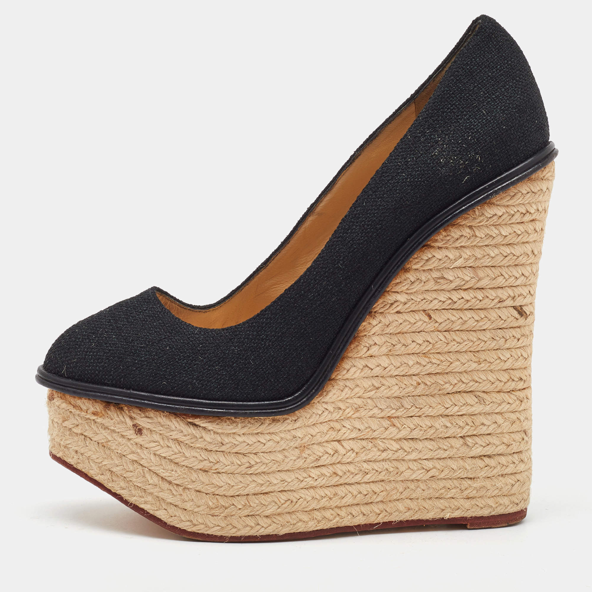 Pre Owned Charlotte Olympia Black Fabric Carmen Espadrille Platform Wedge Pumps Size 38