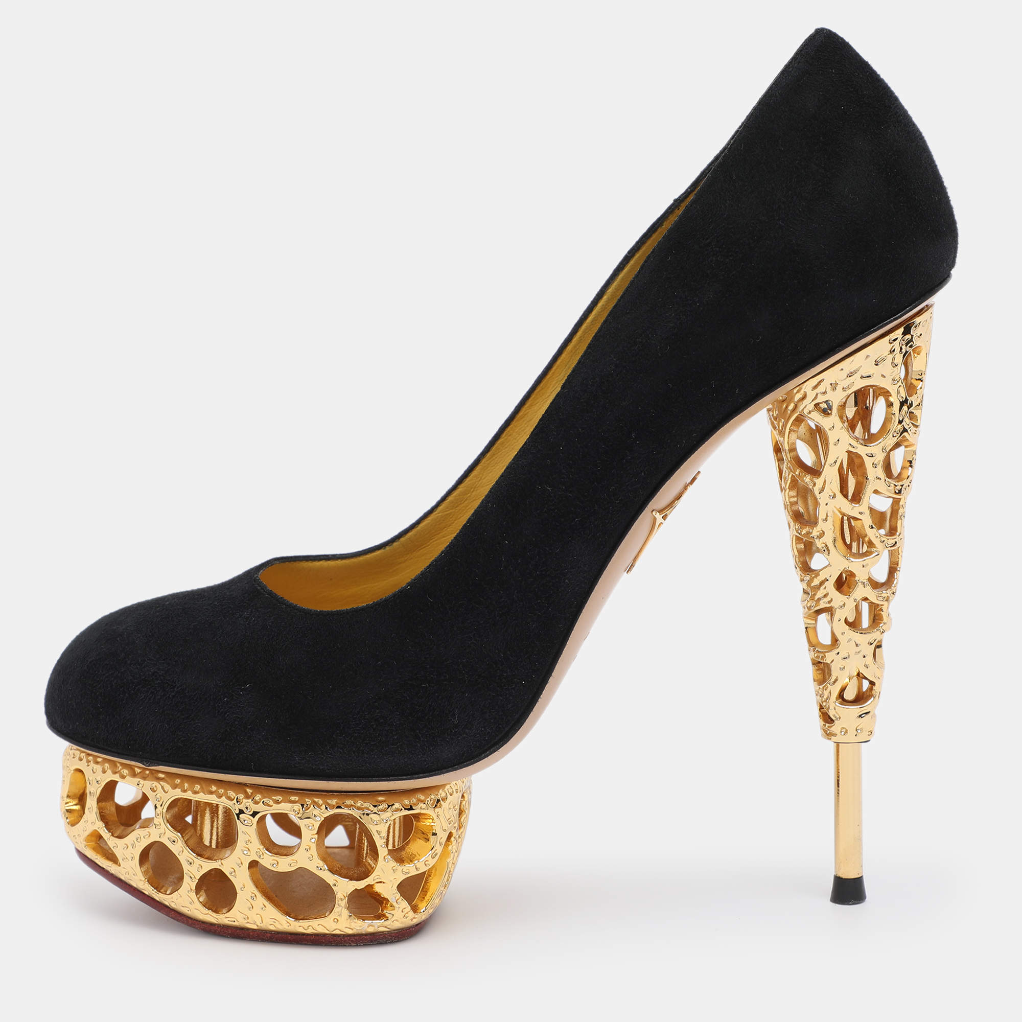 Pre Owned Charlotte Olympia Black Suede Gold Sculptured Heel Objets D'Art Platform Pumps Size 37